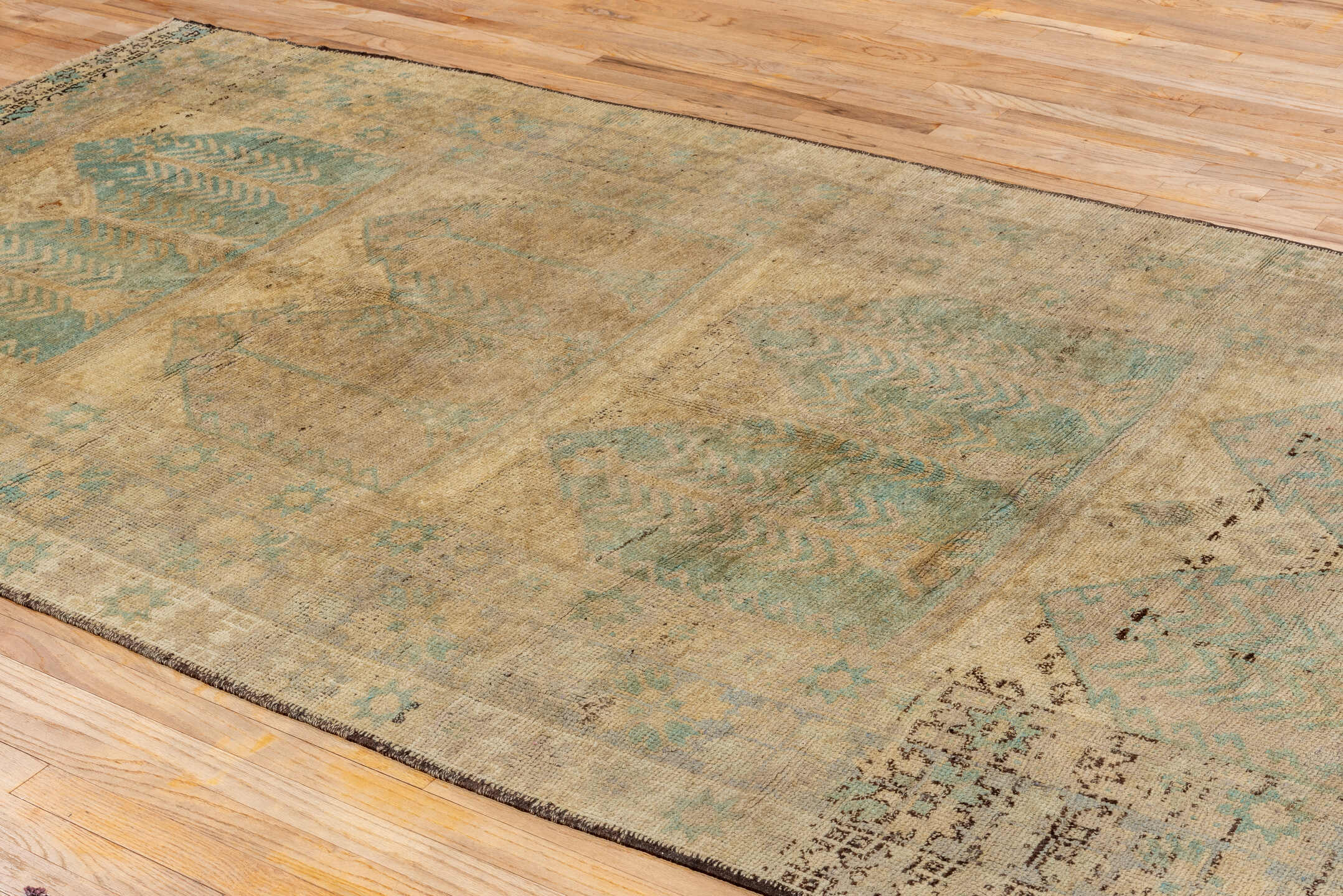 5' x 11' one-of-a-kind handmade vintage Oushak rug. Color palette: beige, ivory, pale blue, taupe, camel, charcoal