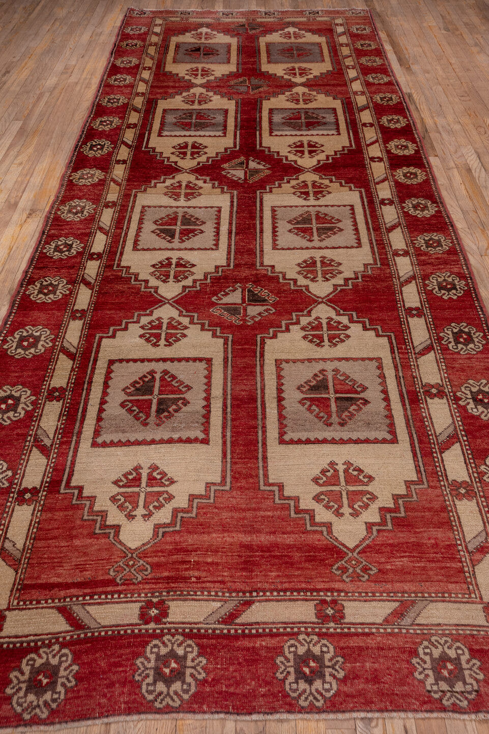 5' x 14' one-of-a-kind handmade vintage Oushak rug. Color palette: rust, ivory, taupe, rose, burgundy, charcoal, terracotta