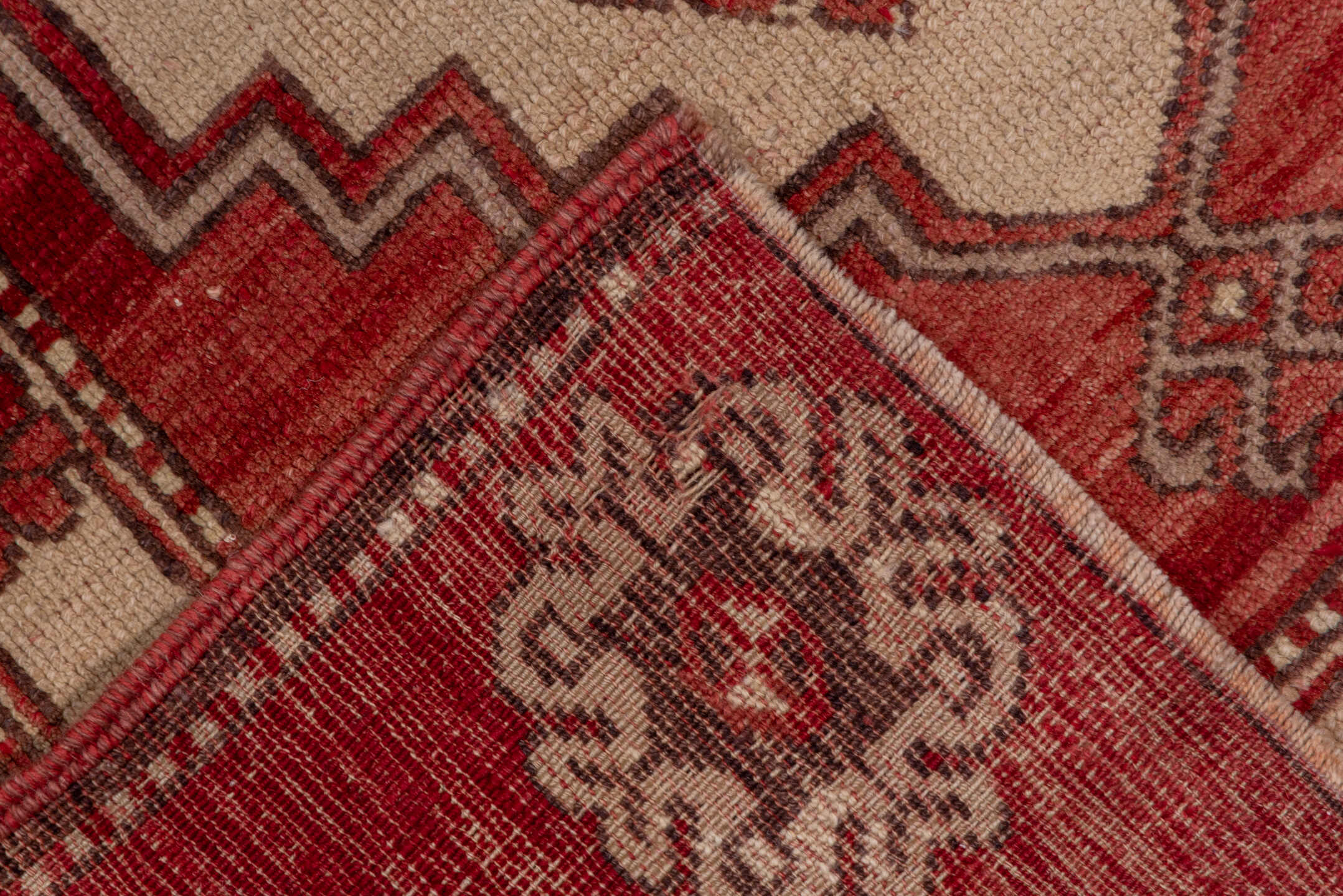 5' x 14' one-of-a-kind handmade vintage Oushak rug. Color palette: brown, pink, red