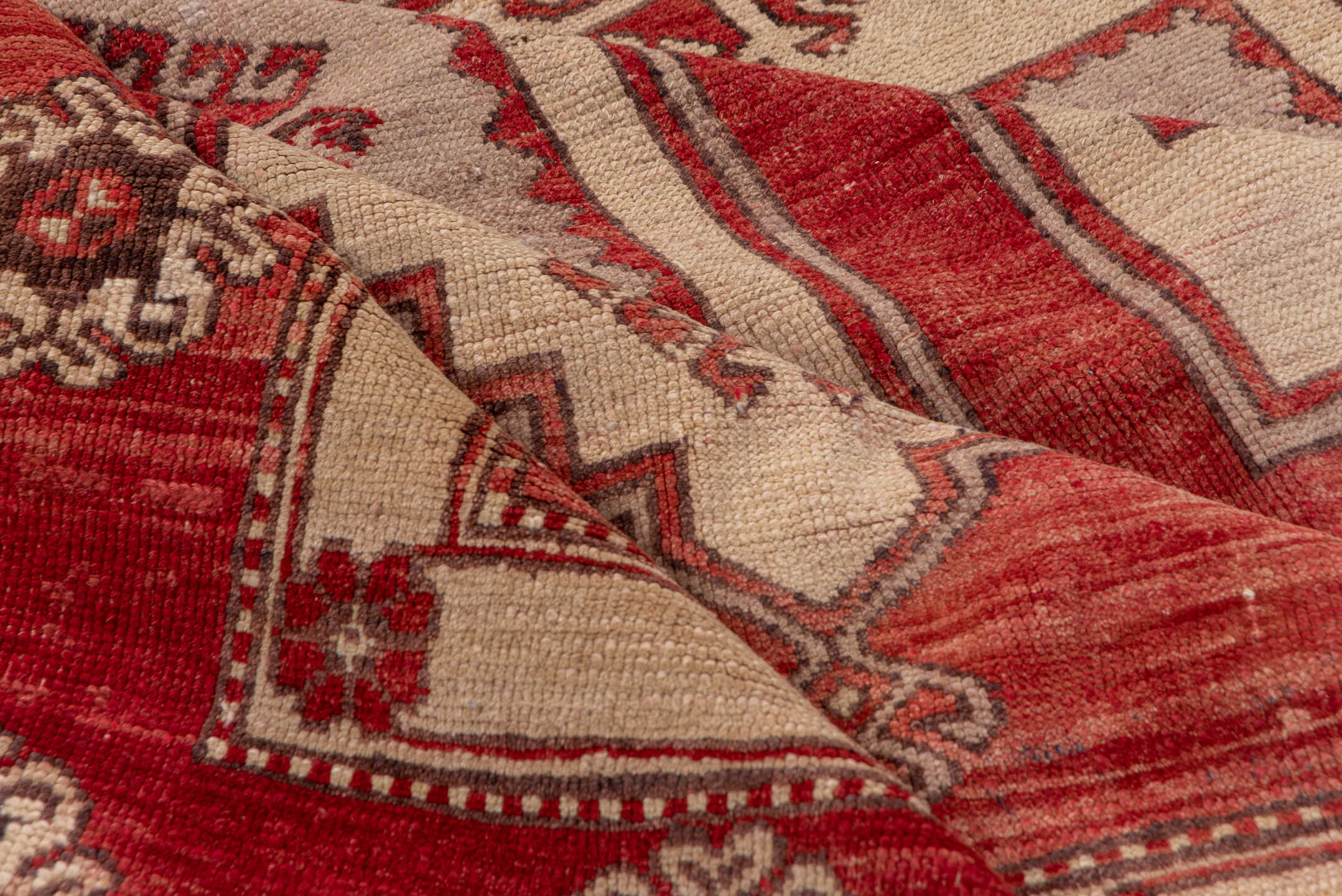 5' x 14' one-of-a-kind handmade vintage Oushak rug. Color palette: brown, pink, red