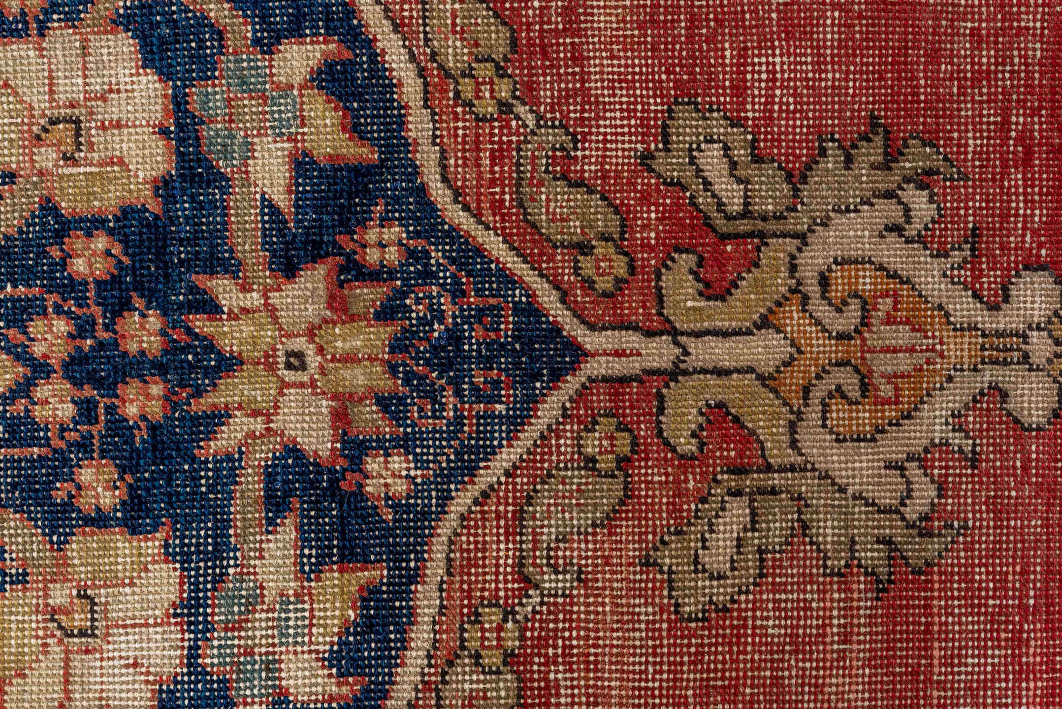 5' x 9' one-of-a-kind handmade antique Oushak medium size rug. Color palette: terra cotta, navy, ivory, beige, slate, rust