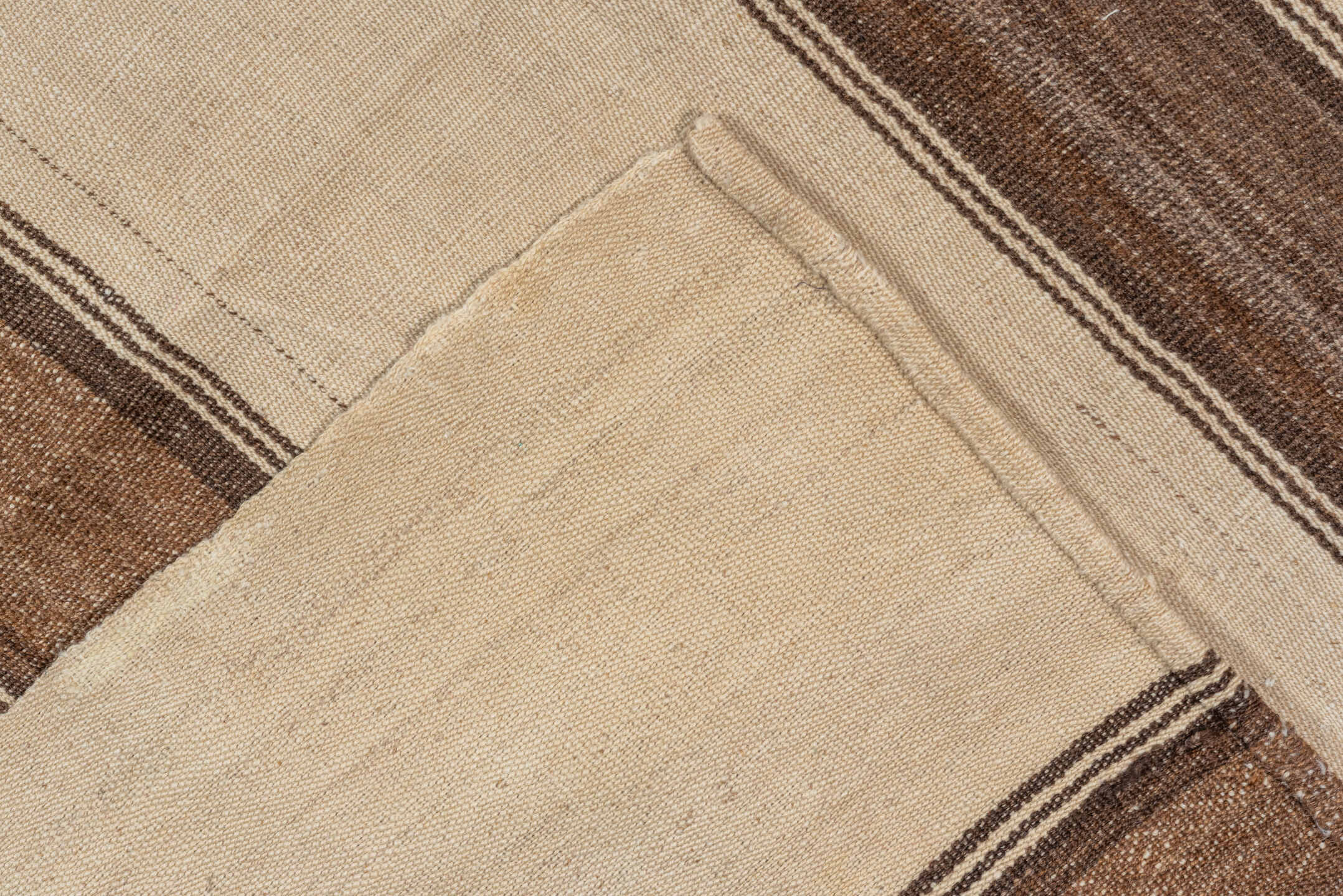 5' x 11' one-of-a-kind handmade vintage Kilim rug. Color palette: brown, gray, light gray, off-white, snow, white