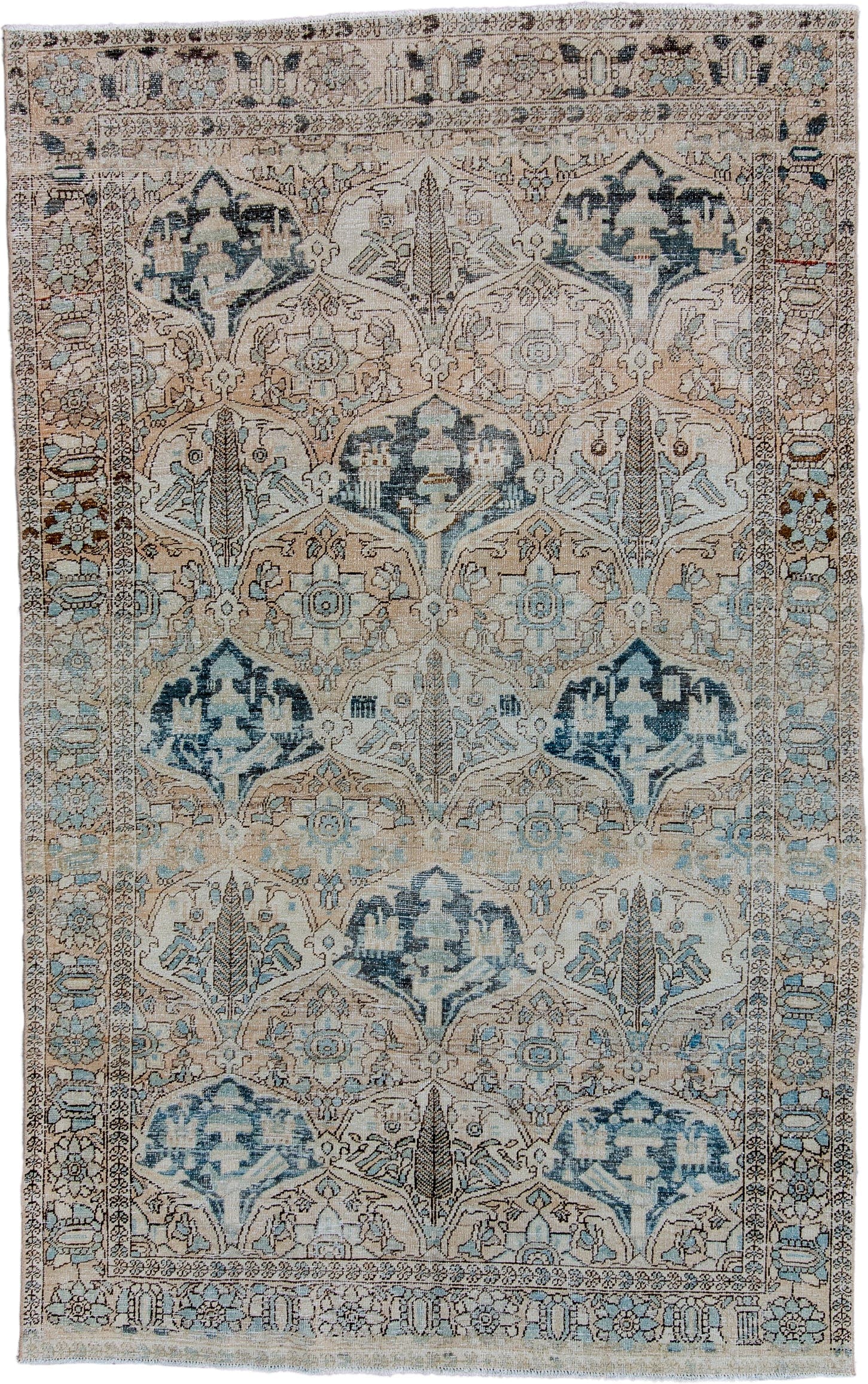 5' x 8' one-of-a-kind handmade vintage Baktiary medium size rug. Color palette: ivory, beige, powder_blue, slate, charcoal