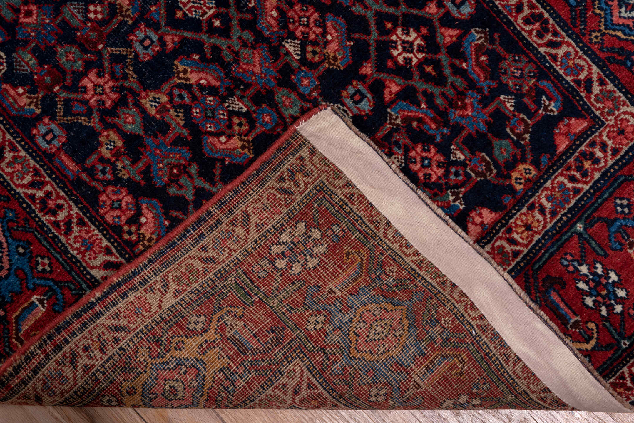 3' x 16' one-of-a-kind handmade vintage Bidjar runner rug. Color palette: blue, brown, gray, off-white, pink, red, redwood