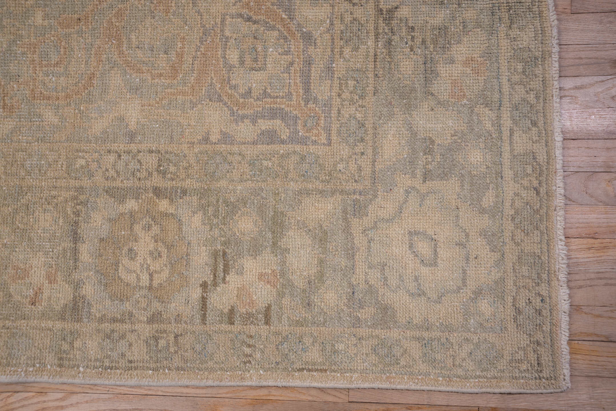 8' x 13' one-of-a-kind handmade vintage Oushak large size rug. Color palette: beige, taupe, gray, ivory, camel, greige