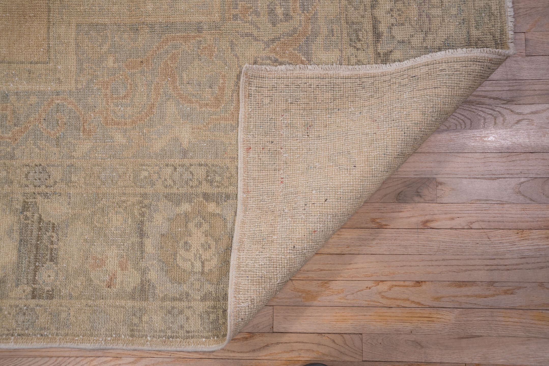 8' x 13' one-of-a-kind handmade vintage Oushak large size rug. Color palette: beige, taupe, gray, ivory, camel, greige