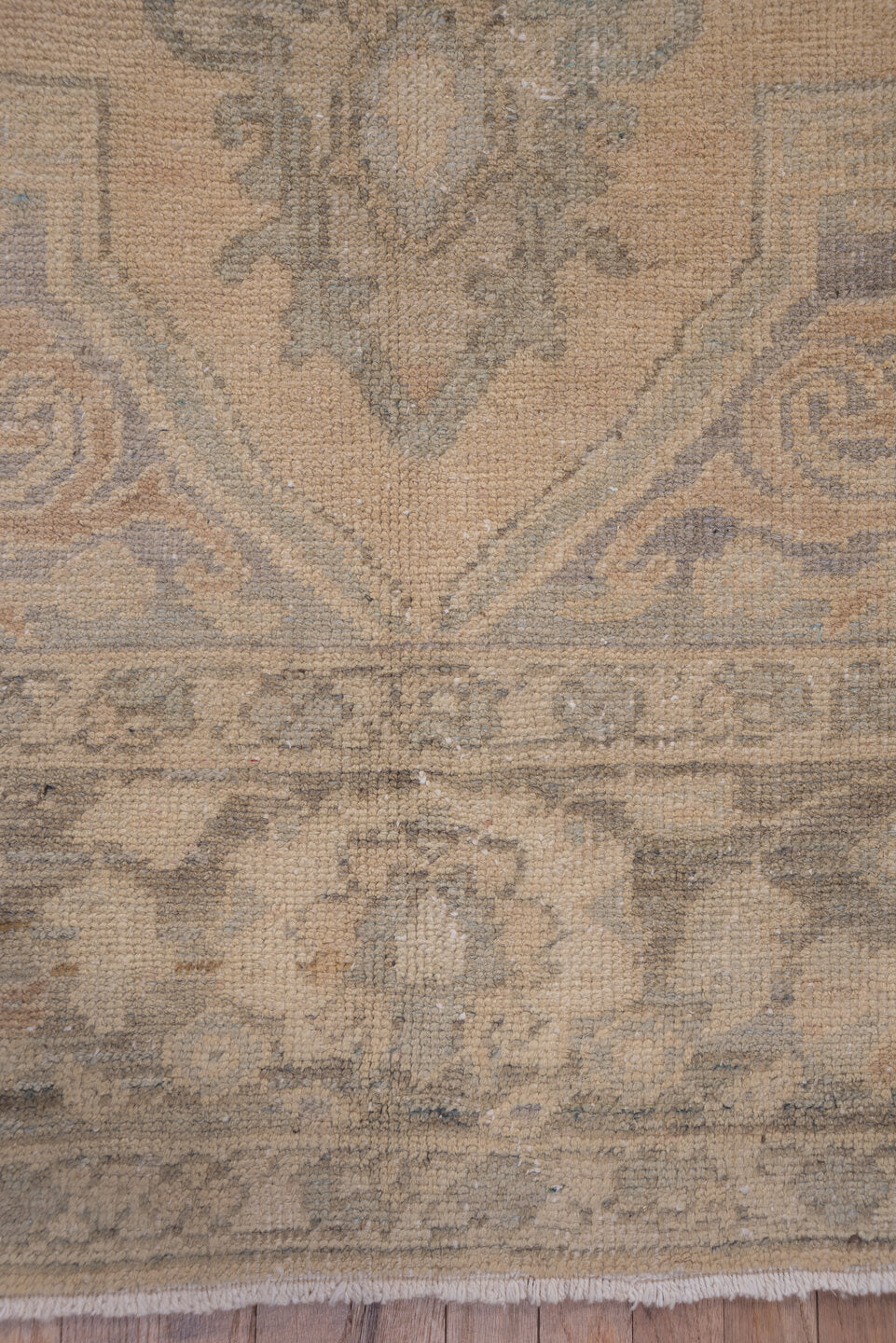 8' x 13' one-of-a-kind handmade vintage Oushak large size rug. Color palette: beige, taupe, gray, ivory, camel, greige
