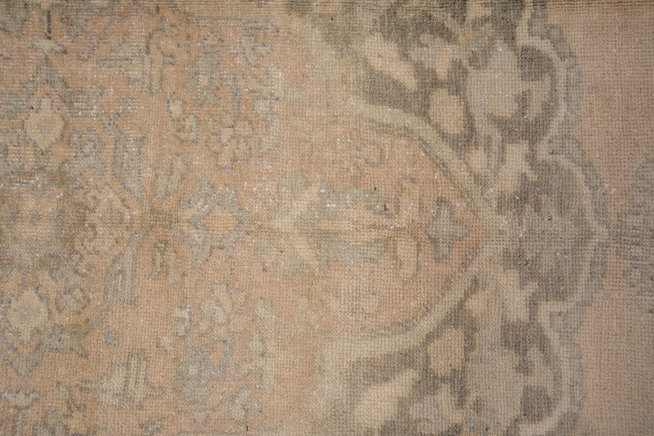 8' x 13' one-of-a-kind handmade vintage Oushak large size rug. Color palette: beige, taupe, gray, ivory, camel, greige