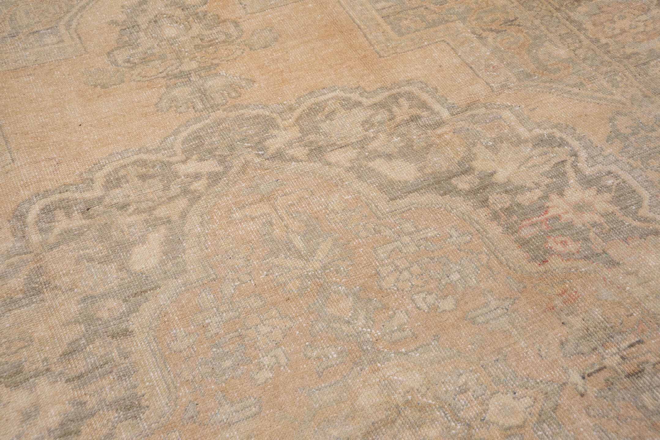 8' x 13' one-of-a-kind handmade vintage Oushak large size rug. Color palette: beige, taupe, gray, ivory, camel, greige