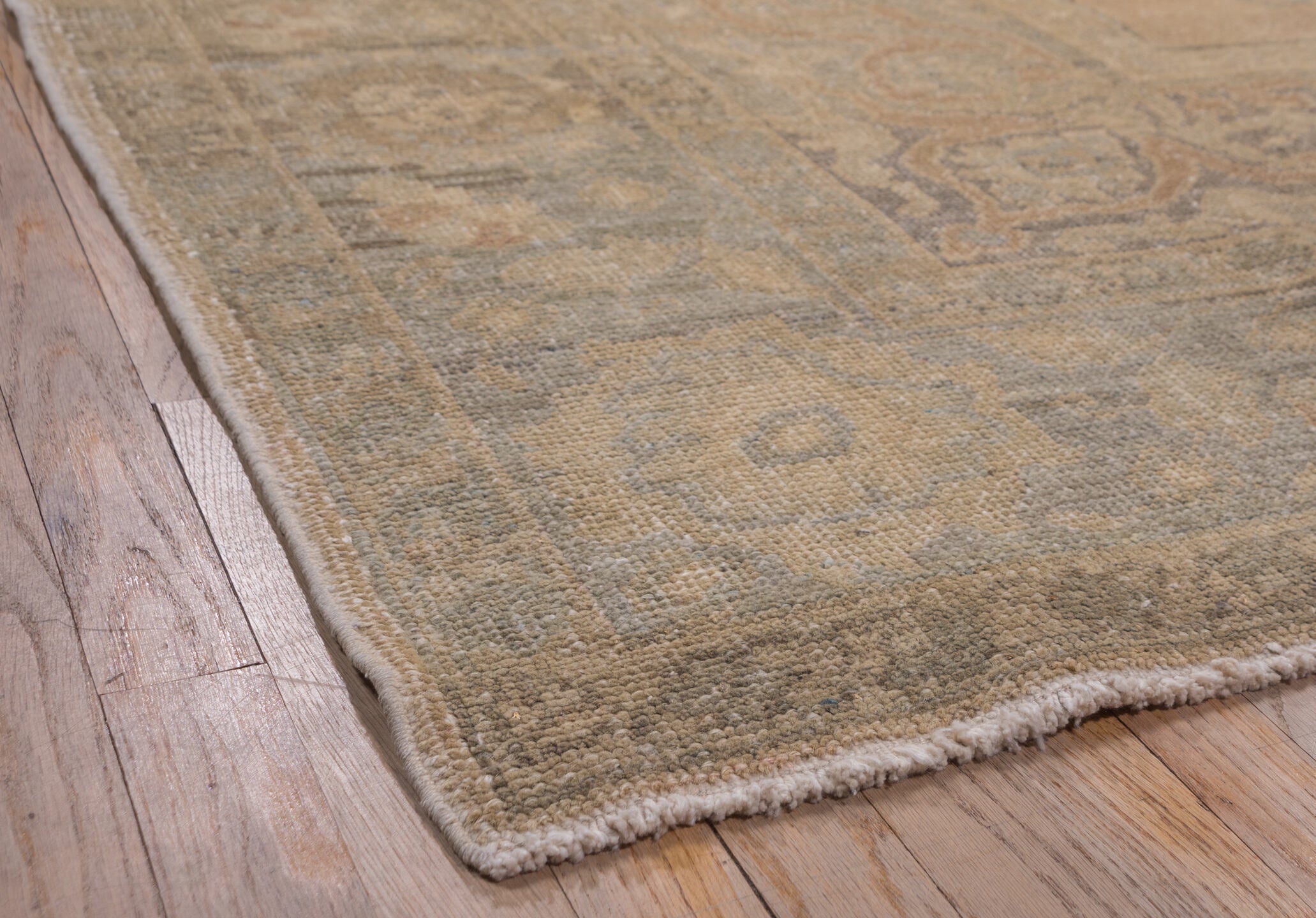8' x 13' one-of-a-kind handmade vintage Oushak large size rug. Color palette: beige, taupe, gray, ivory, camel, greige