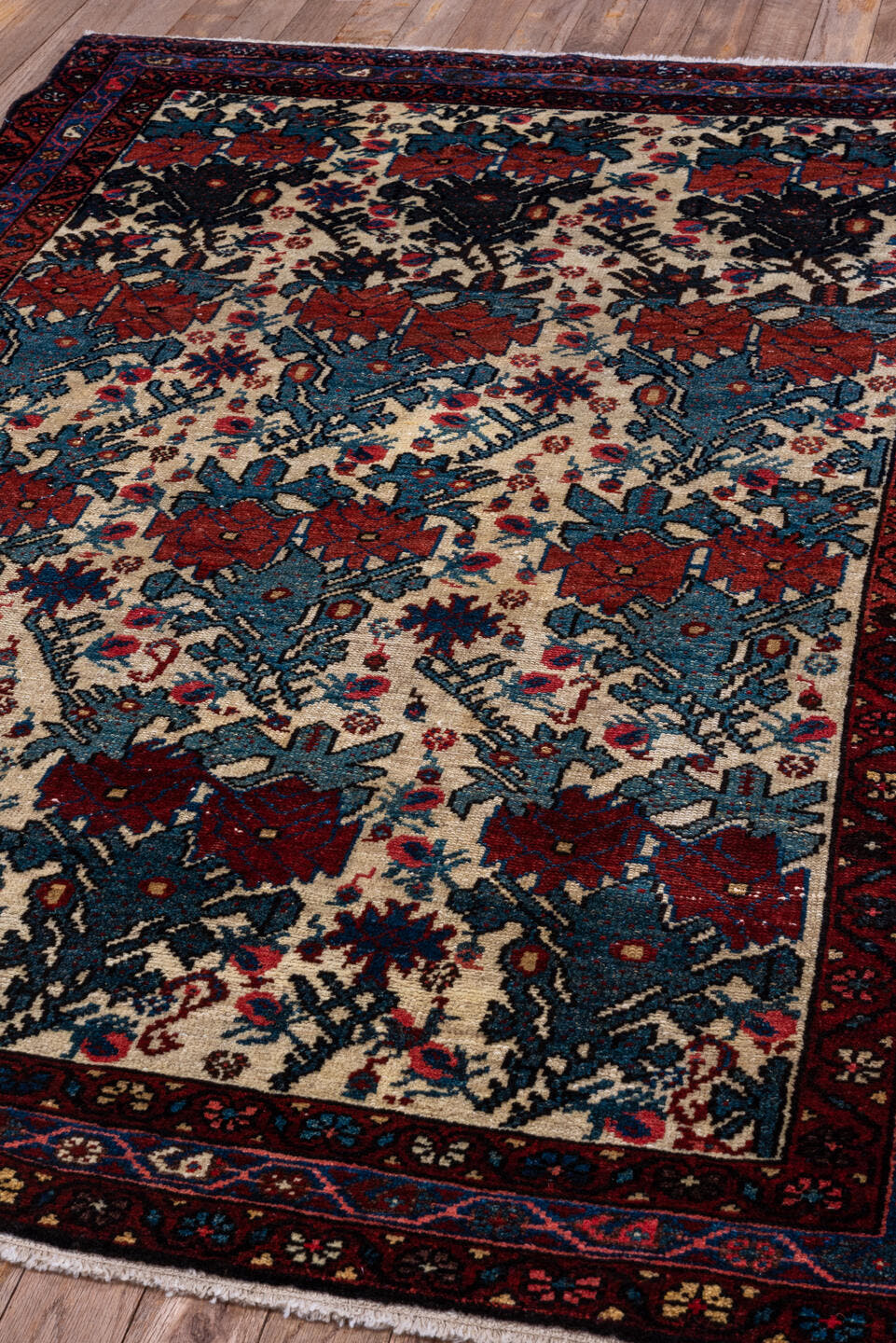 3' x 4' one-of-a-kind handmade vintage Malayer small size rug. Color palette: ivory, rust, navy, slate_blue, crimson, rose