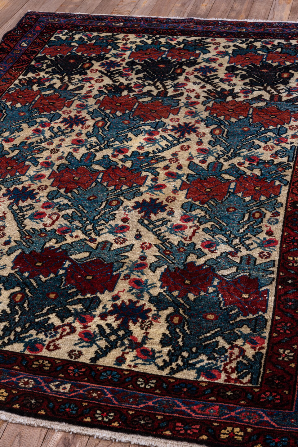 3' x 4' one-of-a-kind handmade vintage Malayer small size rug. Color palette: arapawa, black, blue, brown, gray, off-white