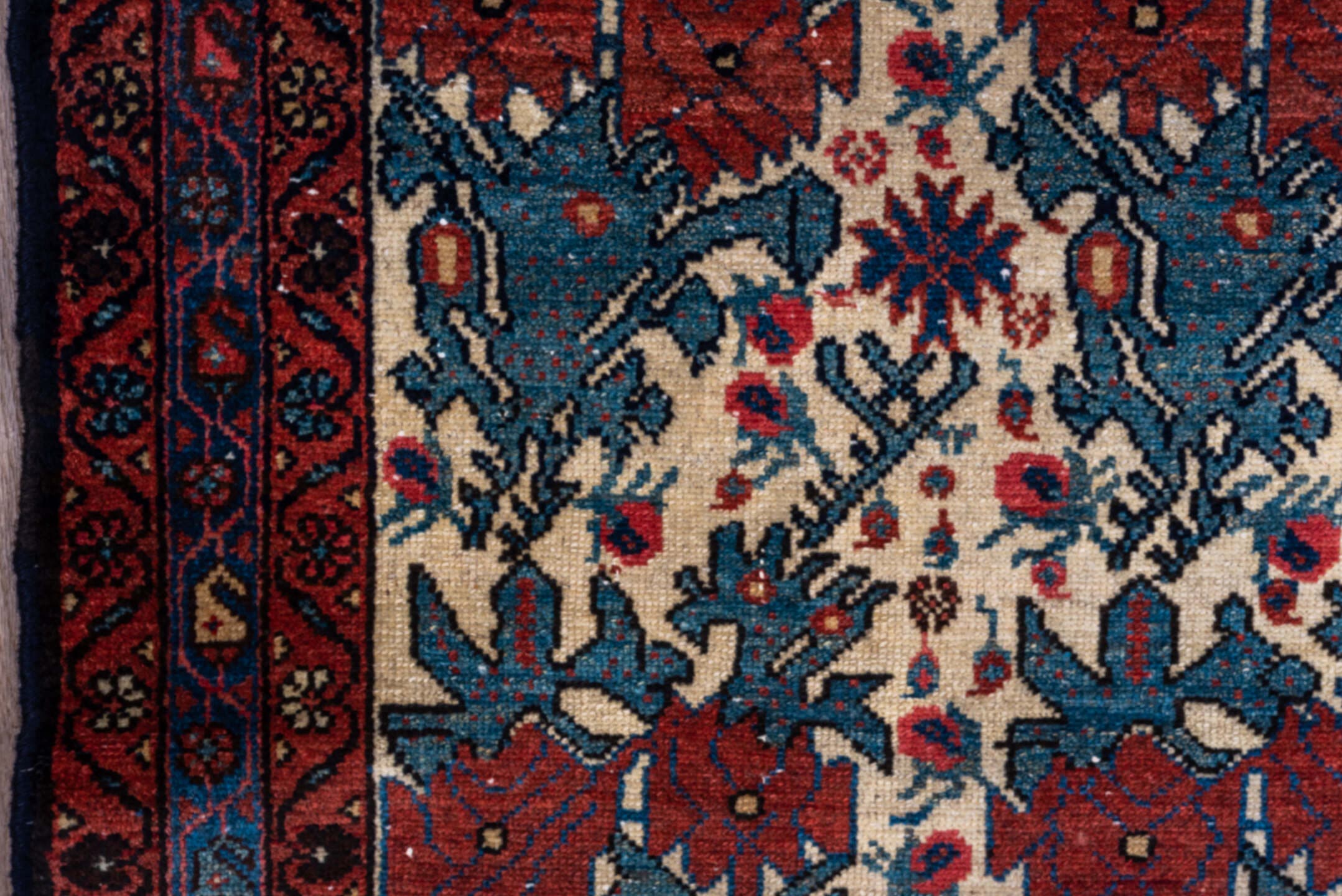 3' x 4' one-of-a-kind handmade vintage Malayer small size rug. Color palette: ivory, rust, navy, slate_blue, crimson, rose