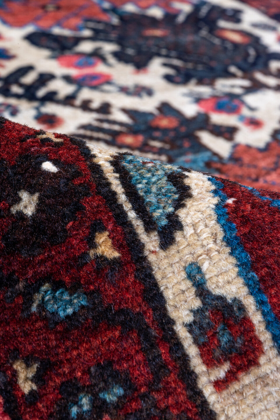 3' x 4' one-of-a-kind handmade vintage Malayer small size rug. Color palette: arapawa, black, blue, brown, gray, off-white