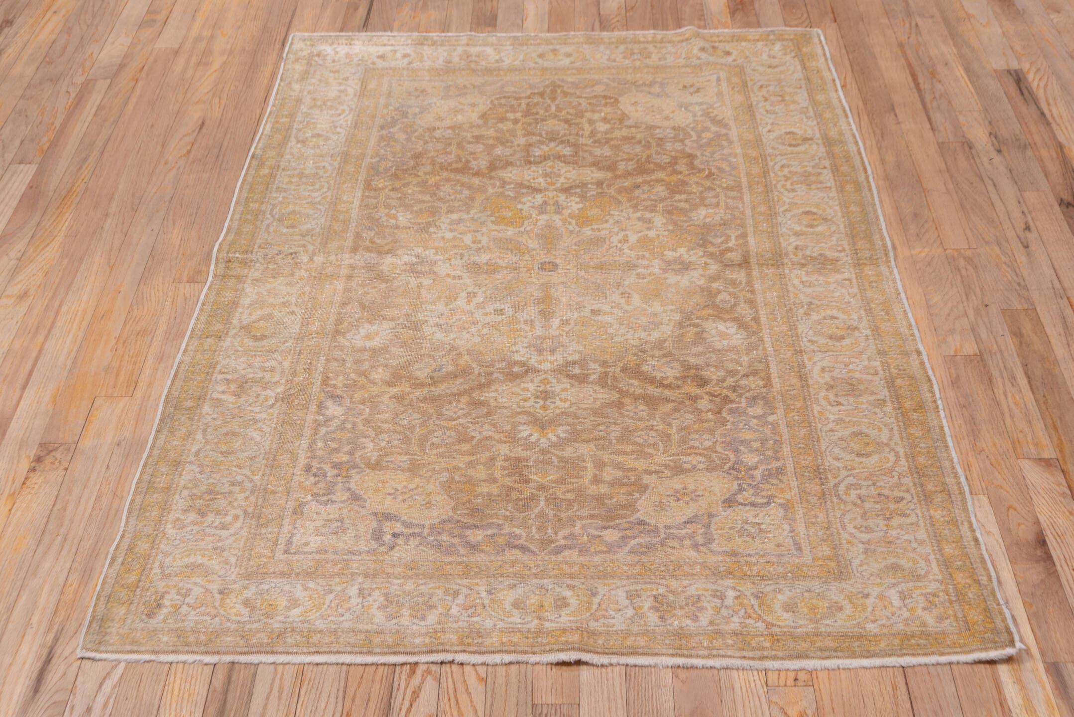 3' x 5' one-of-a-kind handmade vintage Kaisary small size rug. Color palette: ivory, beige, taupe, camel, gold, sand
