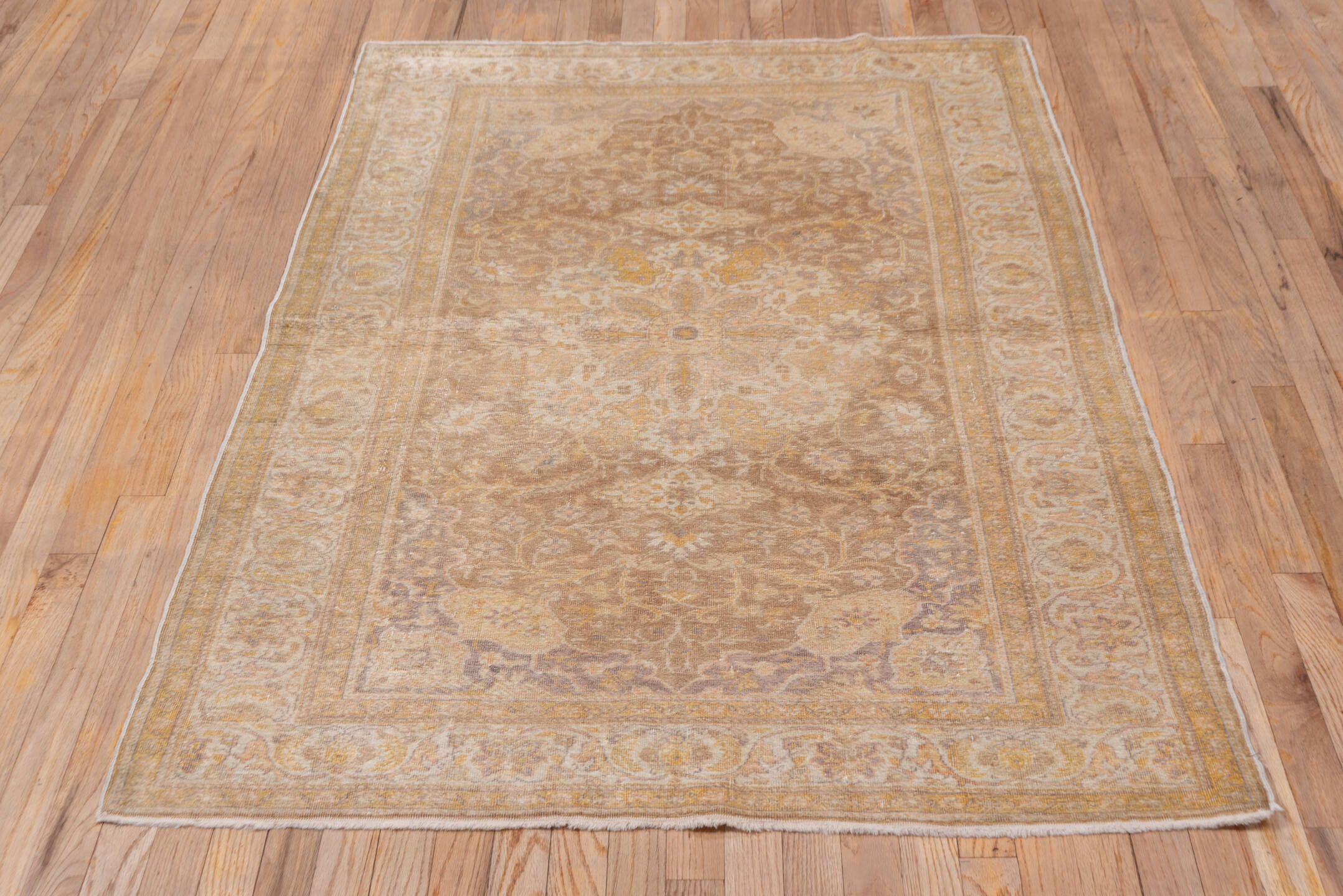 3' x 5' one-of-a-kind handmade vintage Kaisary small size rug. Color palette: ivory, beige, taupe, camel, gold, sand