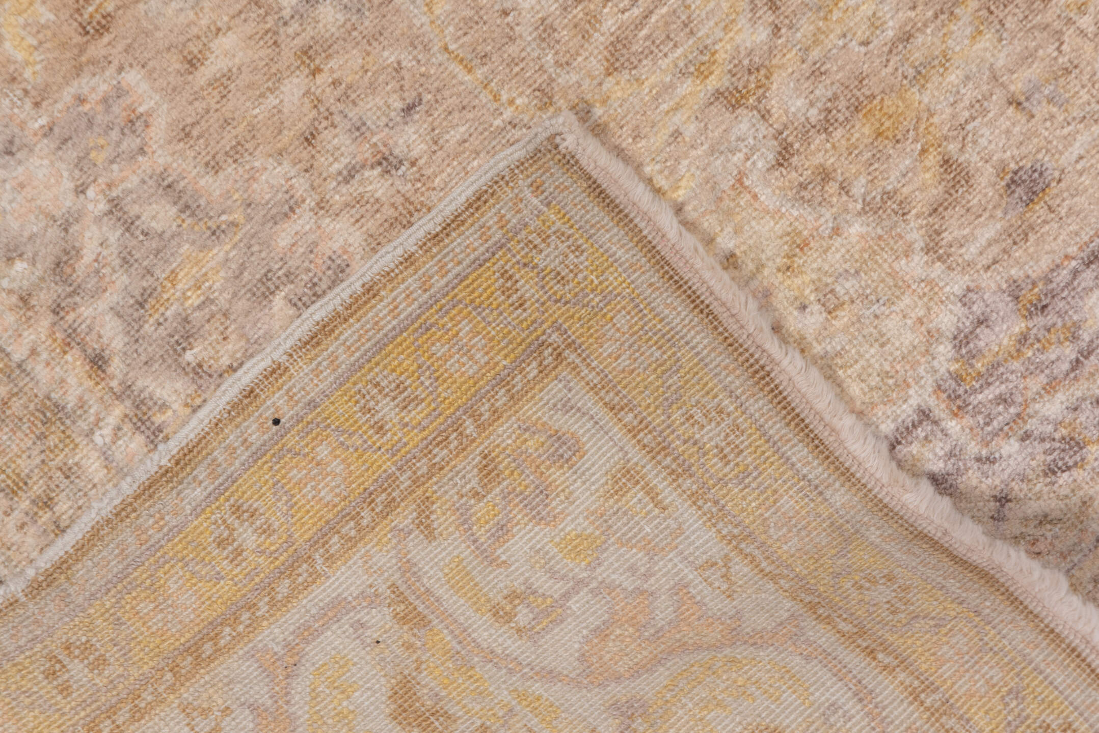 3' x 5' one-of-a-kind handmade vintage Kaisary small size rug. Color palette: ivory, beige, taupe, camel, gold, sand