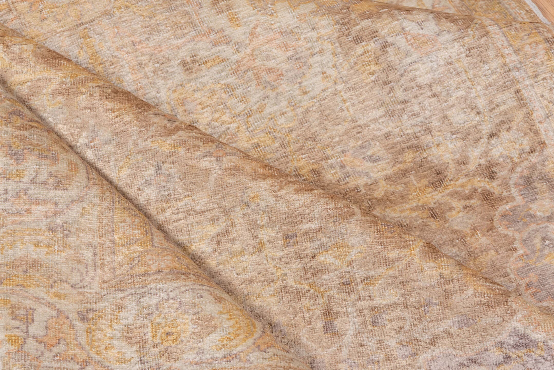 3' x 5' one-of-a-kind handmade vintage Kaisary small size rug. Color palette: ivory, beige, taupe, camel, gold, sand