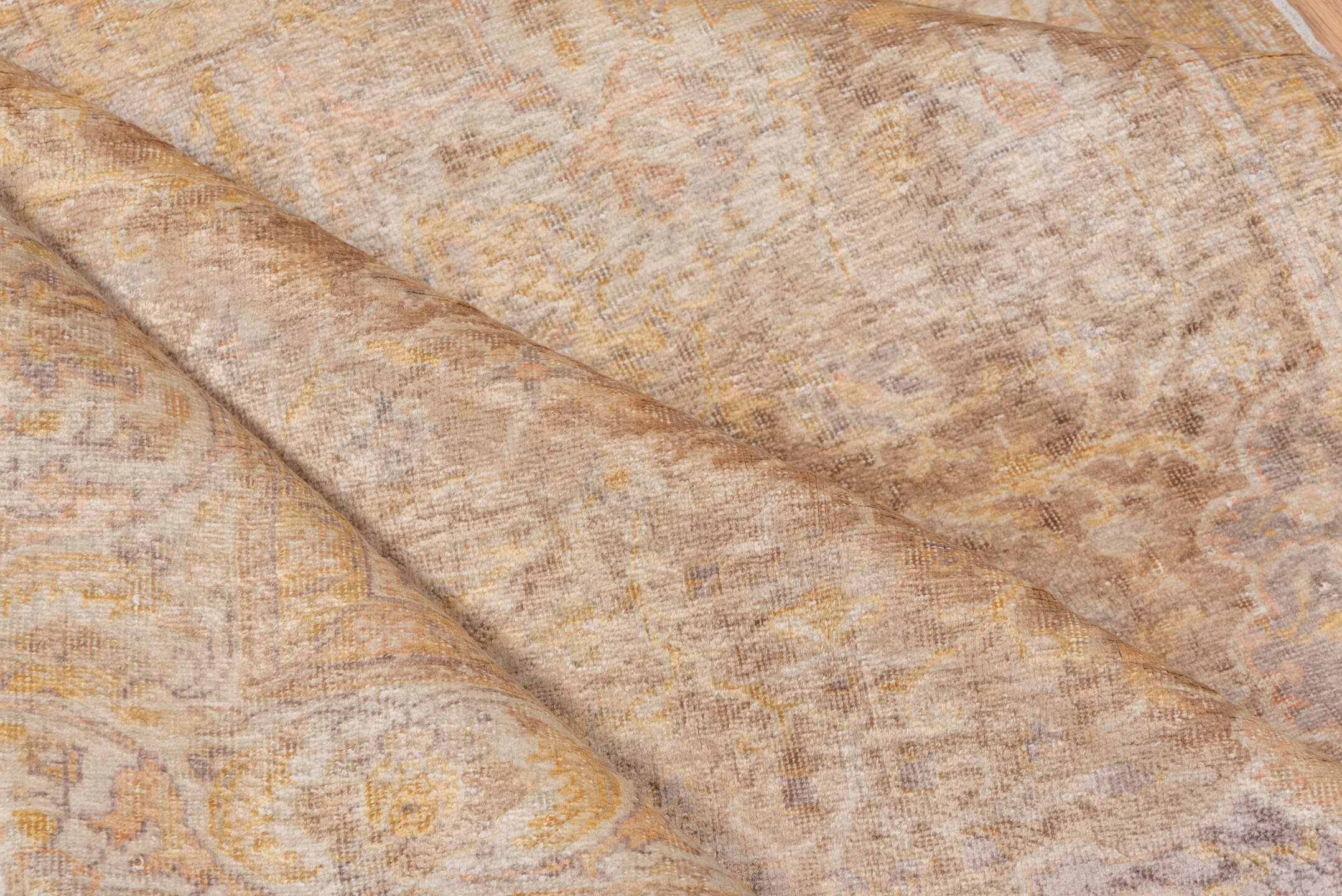 3' x 5' one-of-a-kind handmade vintage Kaisary small size rug. Color palette: ivory, beige, taupe, camel, gold, sand