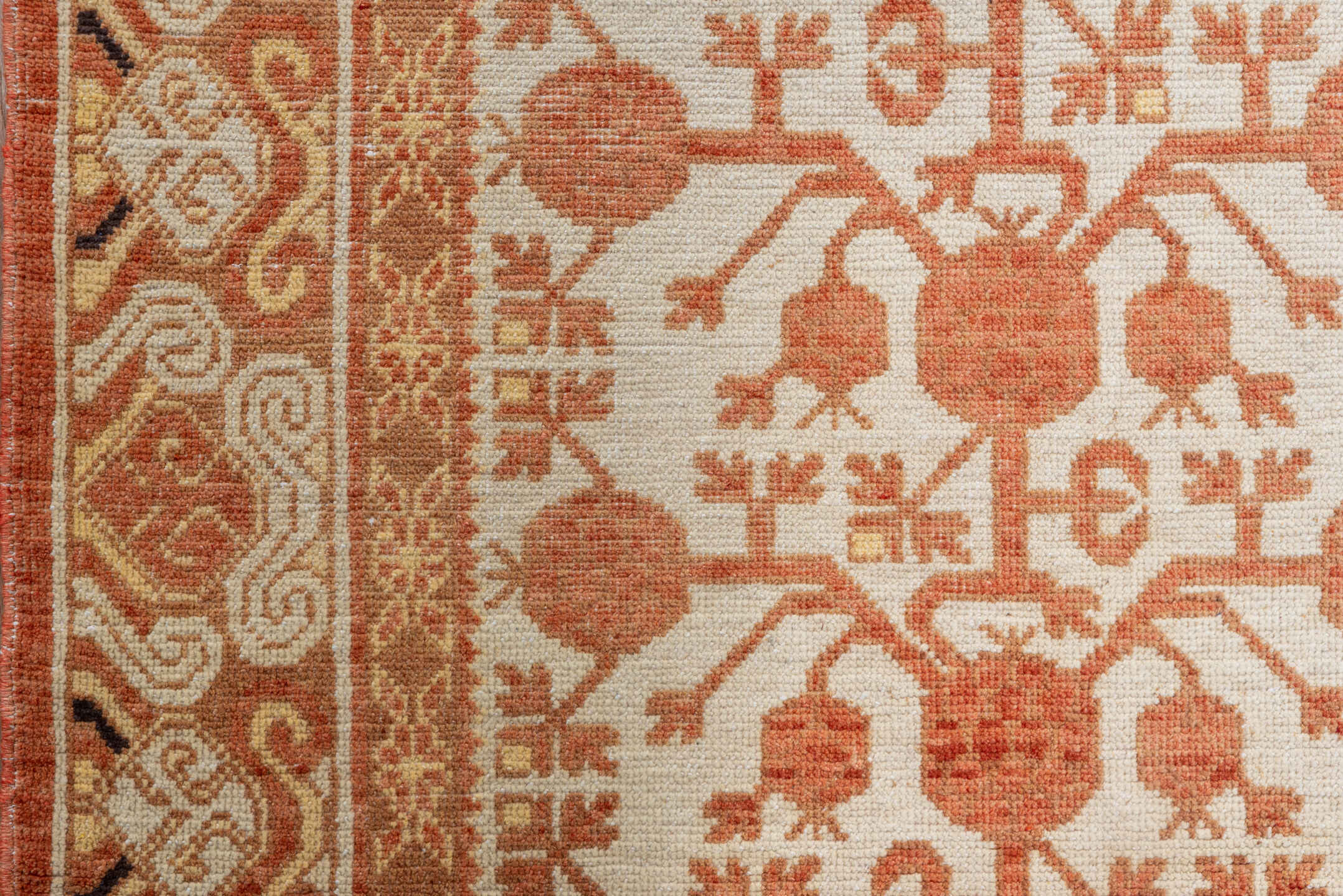 3' x 16' one-of-a-kind handmade vintage Khotan runner rug. Color palette: brown, off-white, orange, pink, snow, white