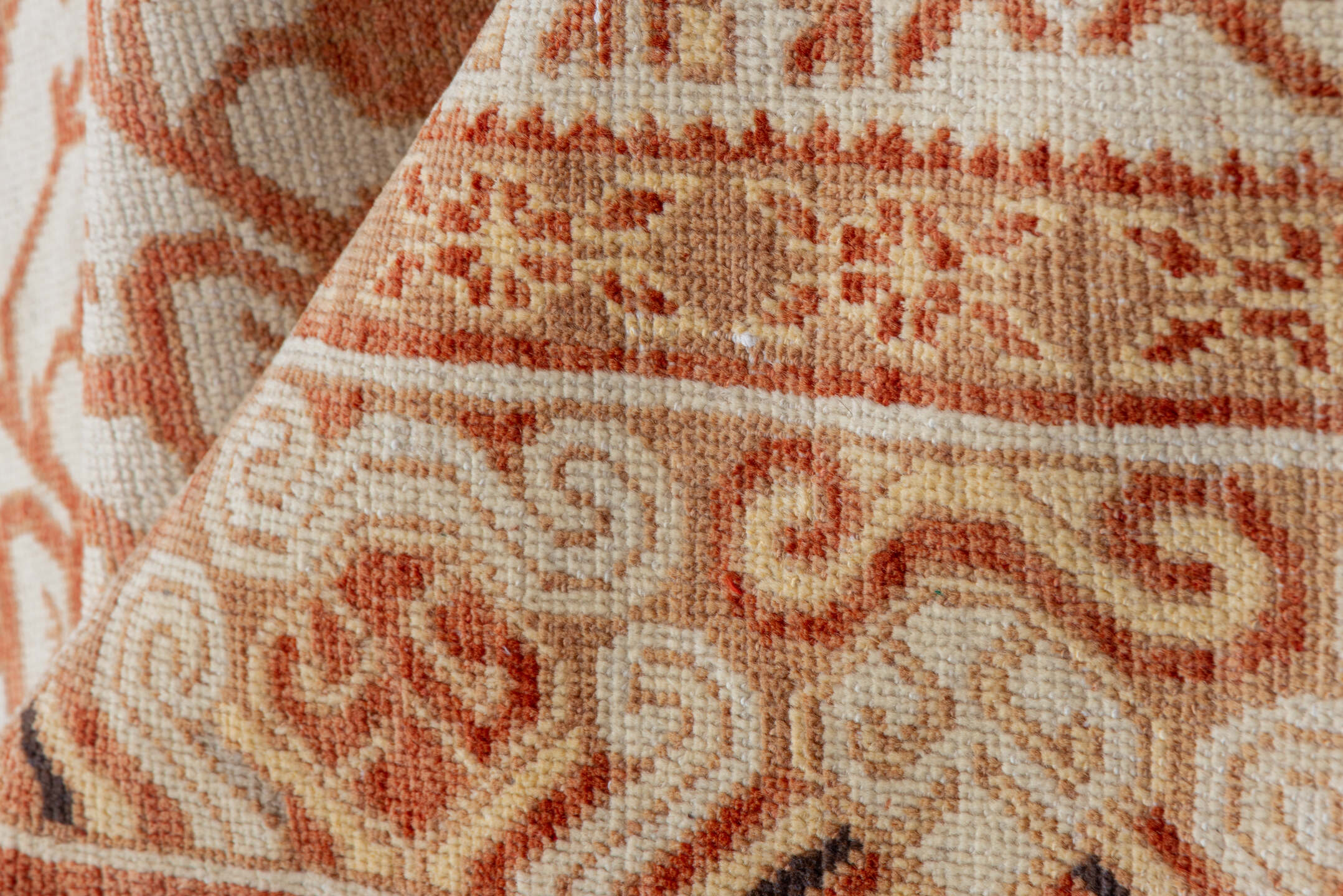 3' x 16' one-of-a-kind handmade vintage Khotan runner rug. Color palette: brown, off-white, orange, pink, snow, white