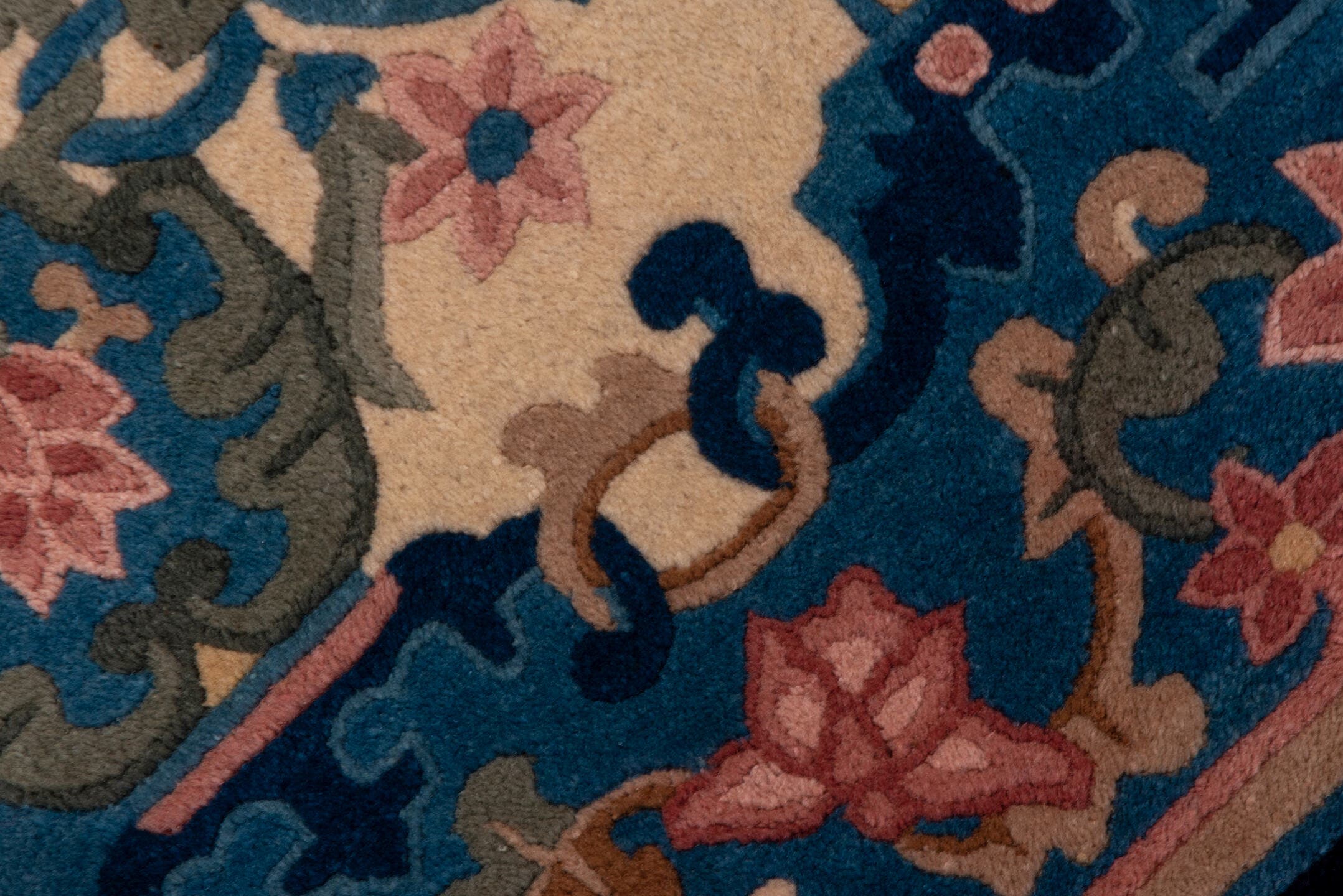 4' x 5' one-of-a-kind handmade vintage Chinese small size rug. Color palette: ivory, navy, blue, rose, sage, lavender, taupe