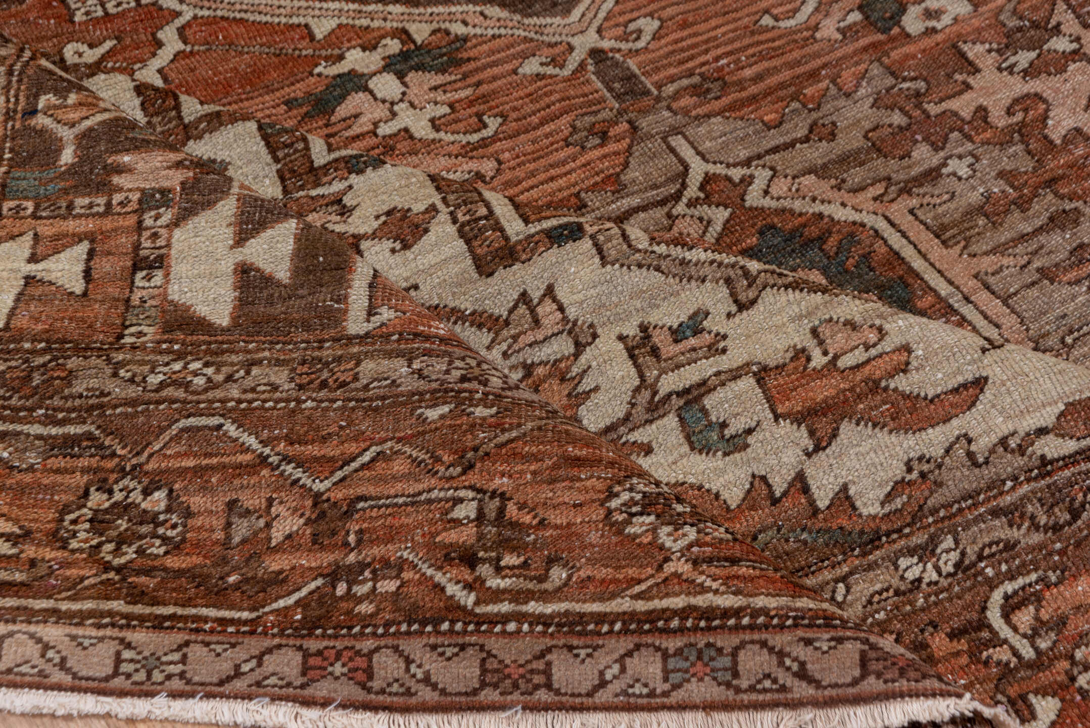 9' x 11' one-of-a-kind handmade vintage Serapi large size rug. Color palette: rust, brown, ivory, terra cotta, taupe