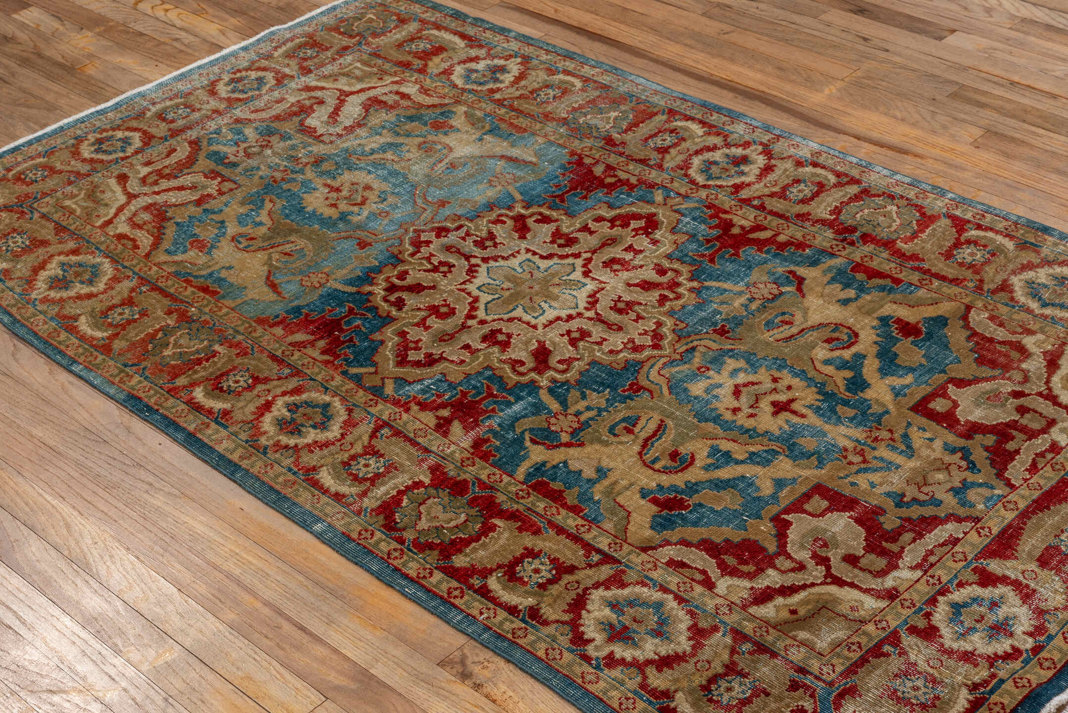 3' x 6' one-of-a-kind handmade antique Amritzar small size rug. Color palette: blue, ivory, rust, beige, red, camel, teal