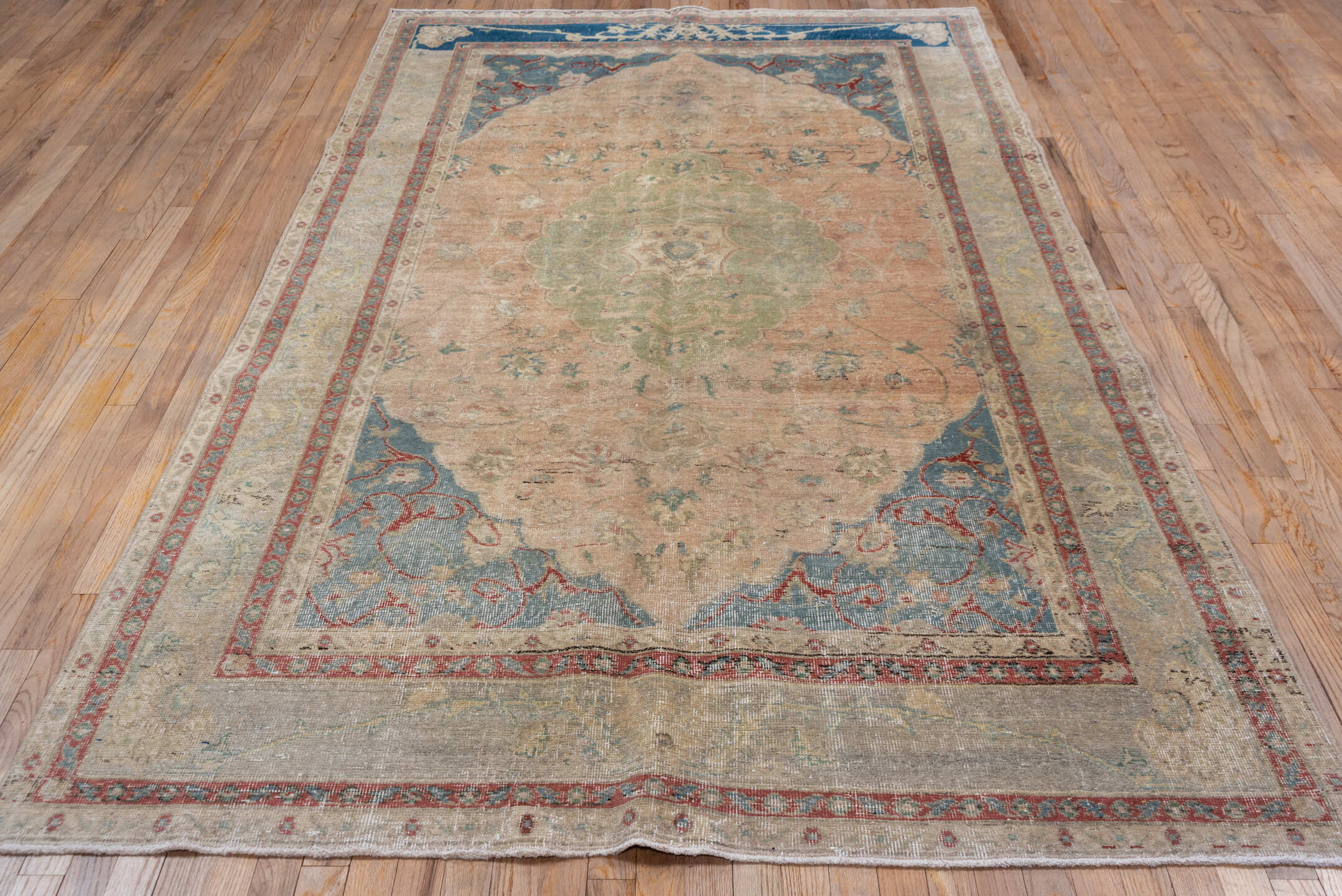 5' x 9' one-of-a-kind handmade vintage Oushak medium size rug. Color palette: blue, brown, gray, light gray, off-white