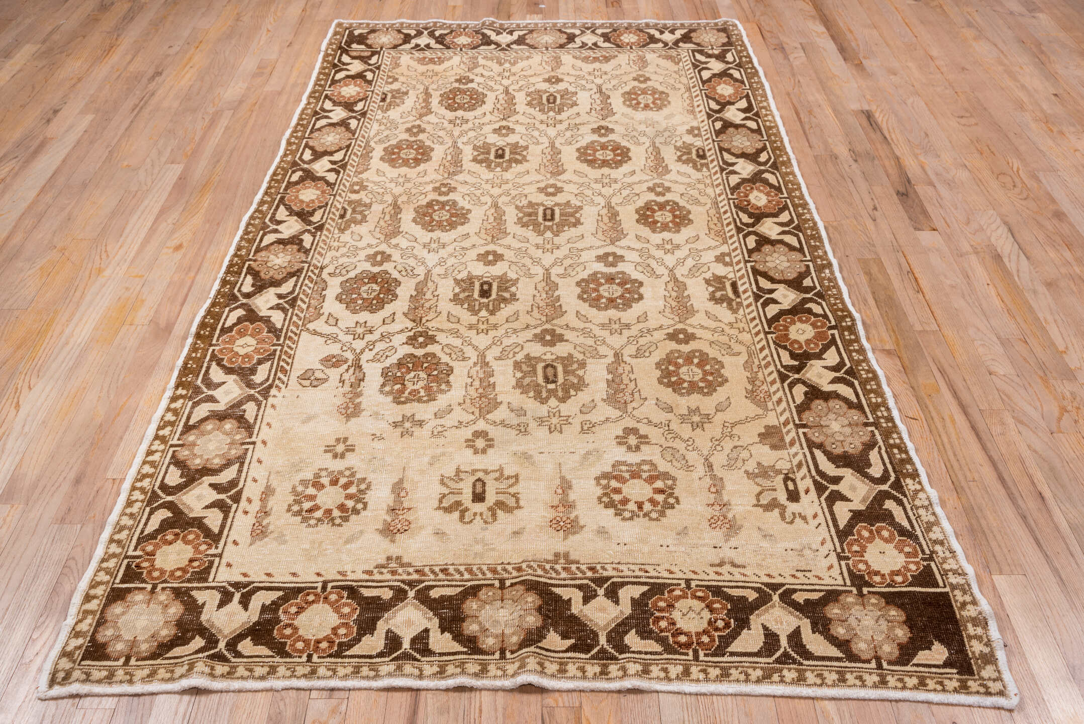 4' x 9' one-of-a-kind handmade vintage Oushak rug. Color palette: ivory, brown, taupe, rust, camel, beige, gray, terracotta