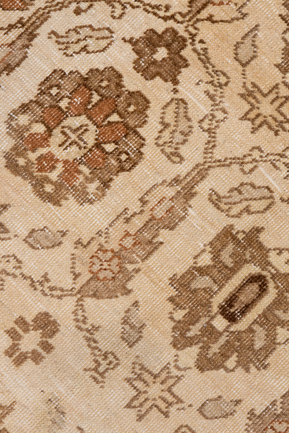 4' x 9' one-of-a-kind handmade vintage Oushak rug. Color palette: ivory, brown, taupe, rust, camel, beige, gray, terracotta