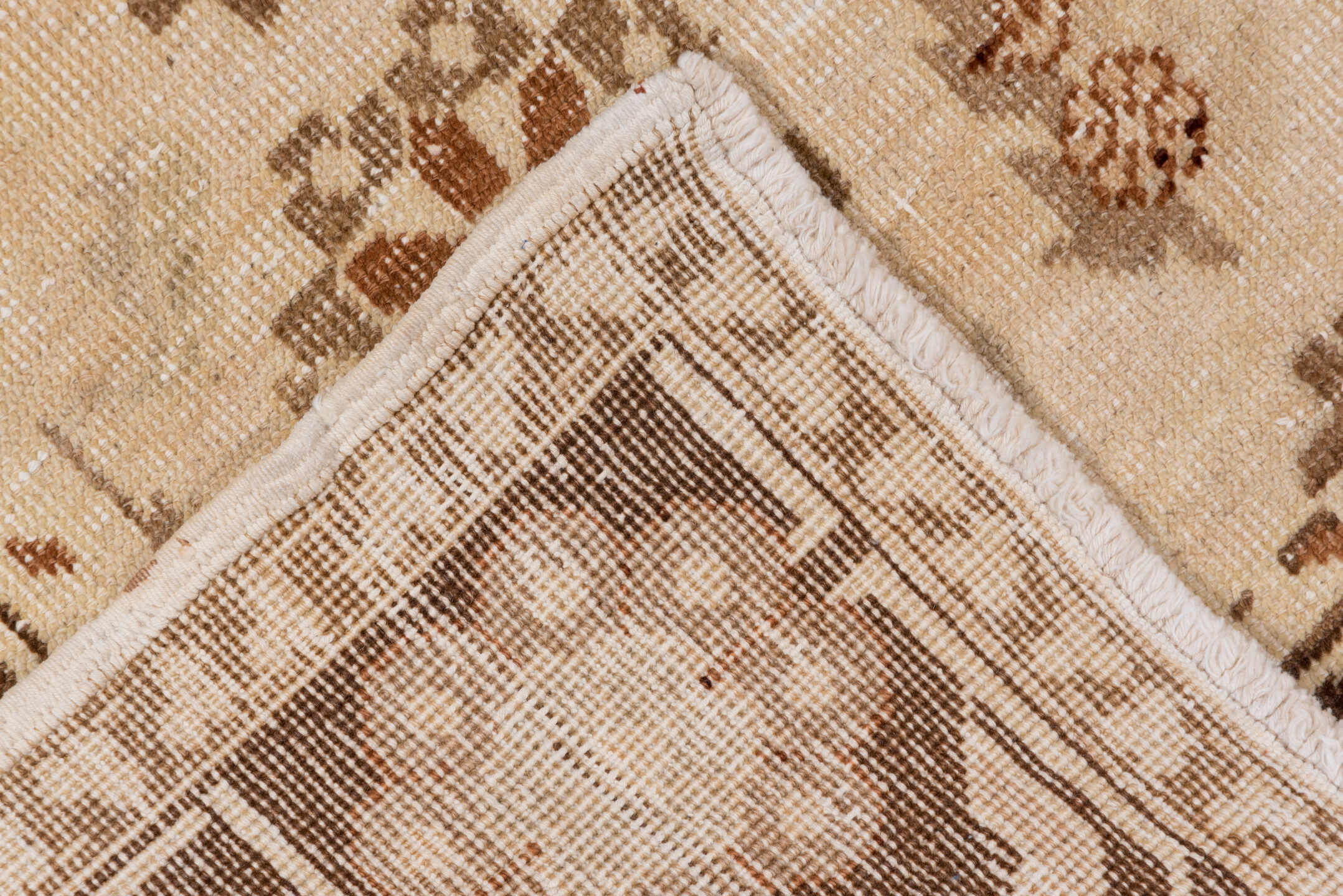4' x 9' one-of-a-kind handmade vintage Oushak rug. Color palette: ivory, brown, taupe, rust, camel, beige, gray, terracotta