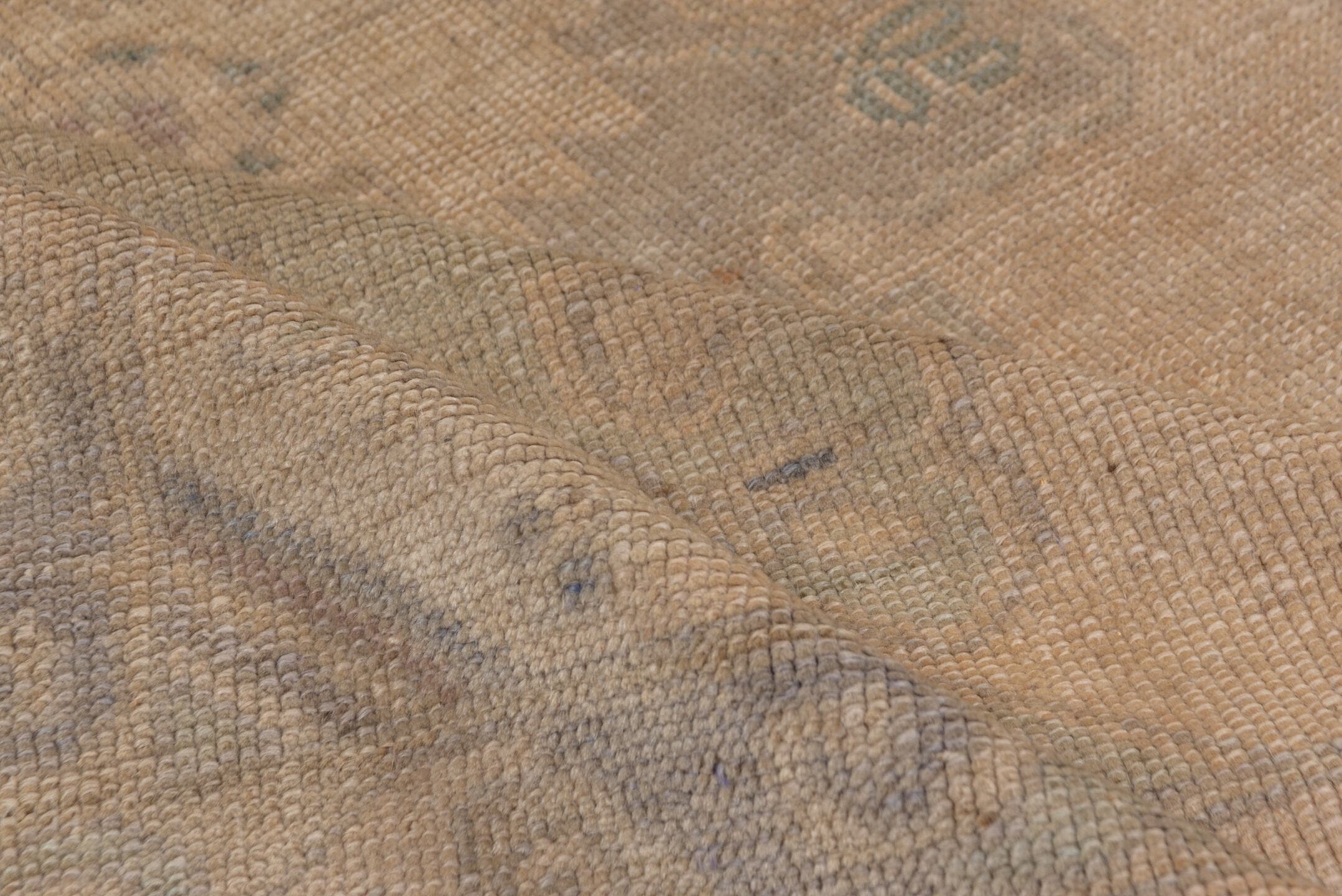 5' x 10' one-of-a-kind handmade vintage Oushak medium size rug. Color palette: beige, taupe, sage, dusty blue, camel, brown