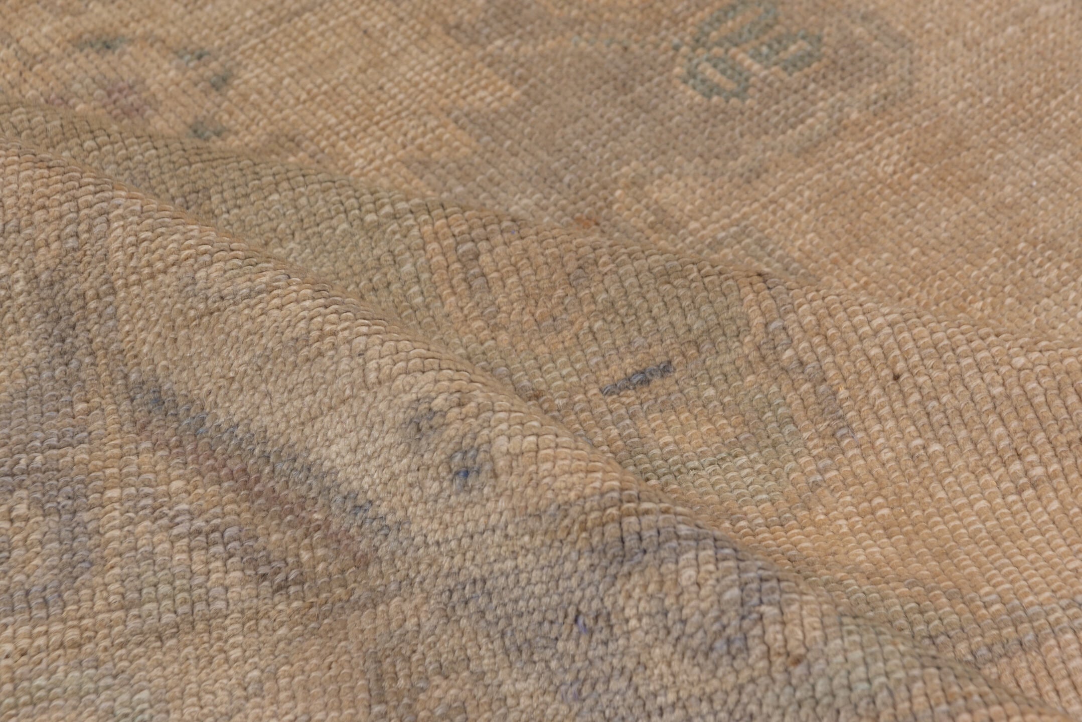 5' x 10' one-of-a-kind handmade vintage Oushak medium size rug. Color palette: beige, taupe, sage, dusty blue, camel, brown
