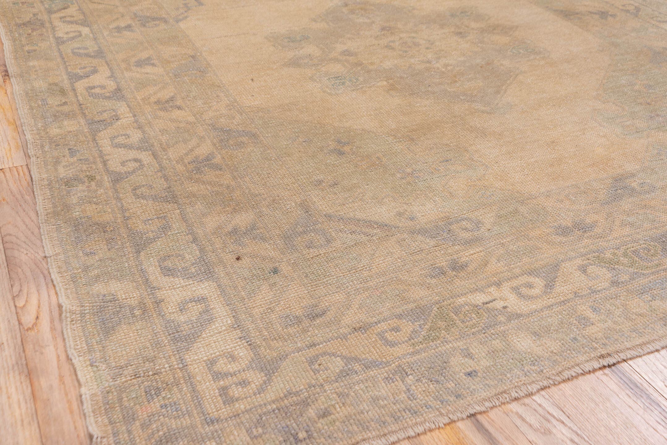 5' x 10' one-of-a-kind handmade vintage Oushak medium size rug. Color palette: beige, taupe, sage, dusty blue, camel, brown