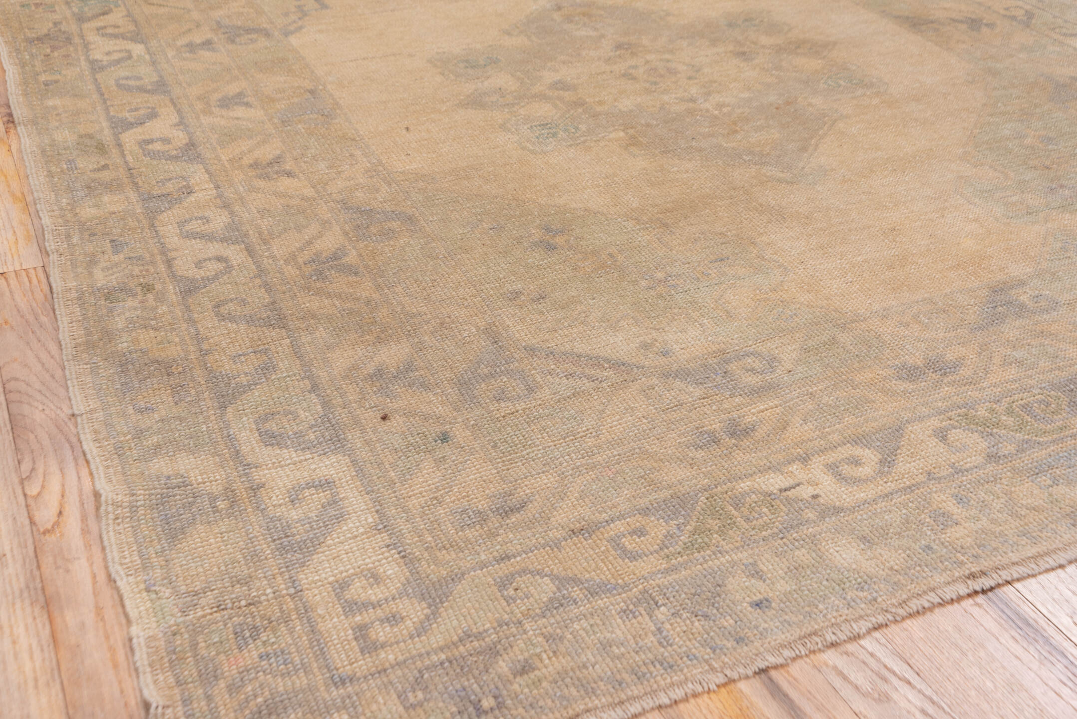 5' x 10' one-of-a-kind handmade vintage Oushak medium size rug. Color palette: beige, taupe, sage, dusty blue, camel, brown