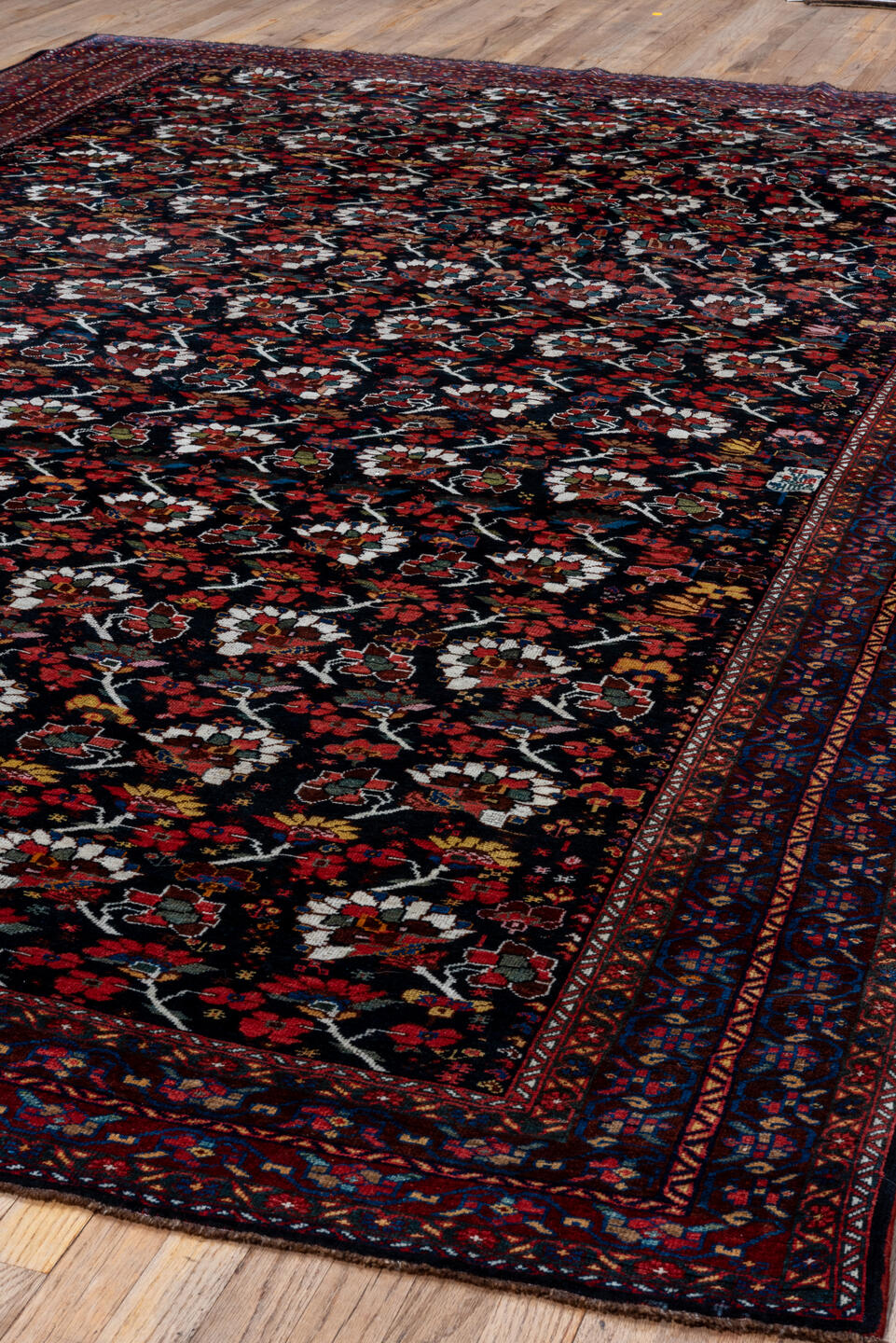 8' x 12' one-of-a-kind handmade antique Shiraz large size rug. Color palette: burgundy, ebony, crimson, ivory, indigo, rust