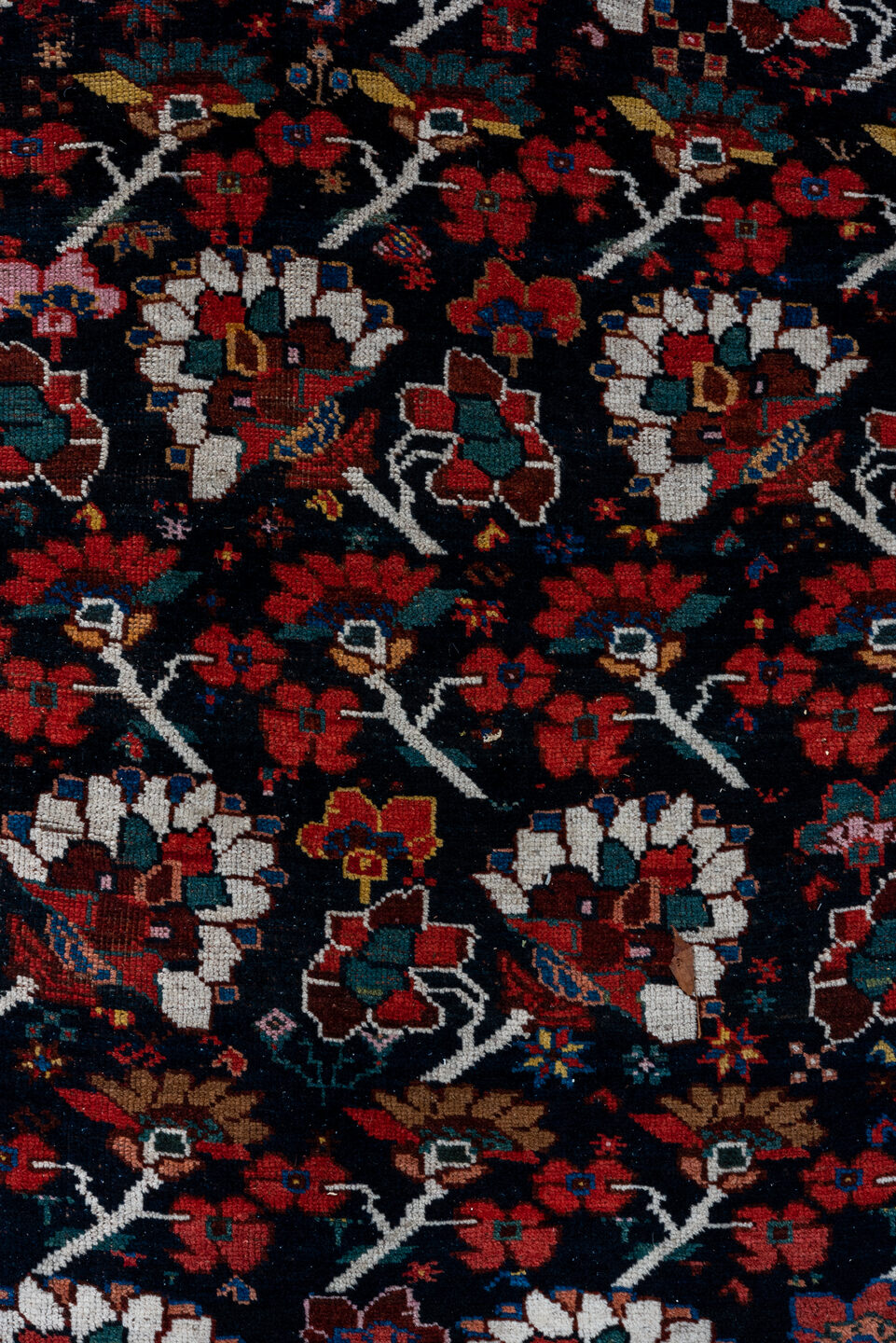 8' x 12' one-of-a-kind handmade antique Shiraz large size rug. Color palette: burgundy, ebony, crimson, ivory, indigo, rust