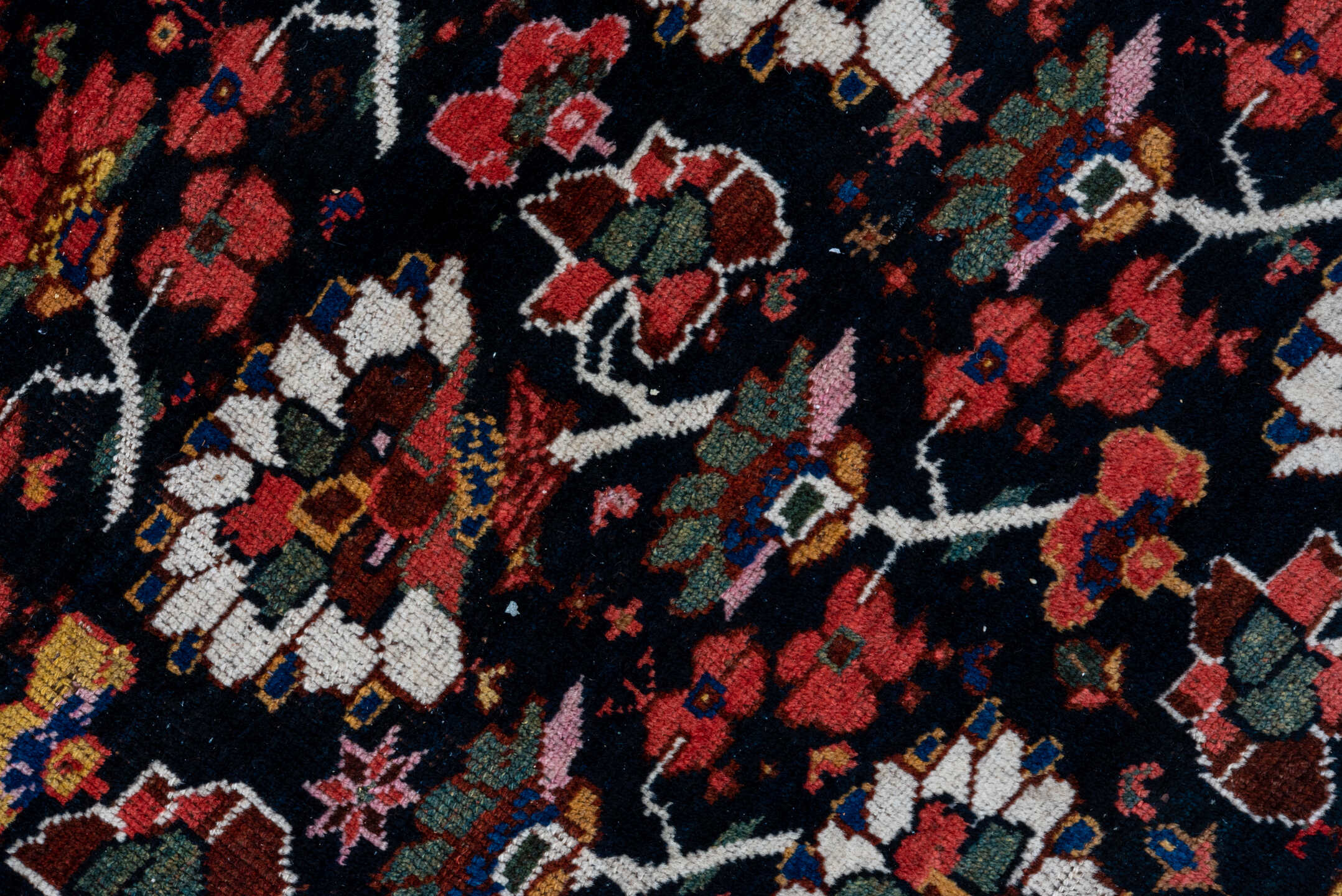 8' x 12' one-of-a-kind handmade antique Shiraz large size rug. Color palette: burgundy, ebony, crimson, ivory, indigo, rust