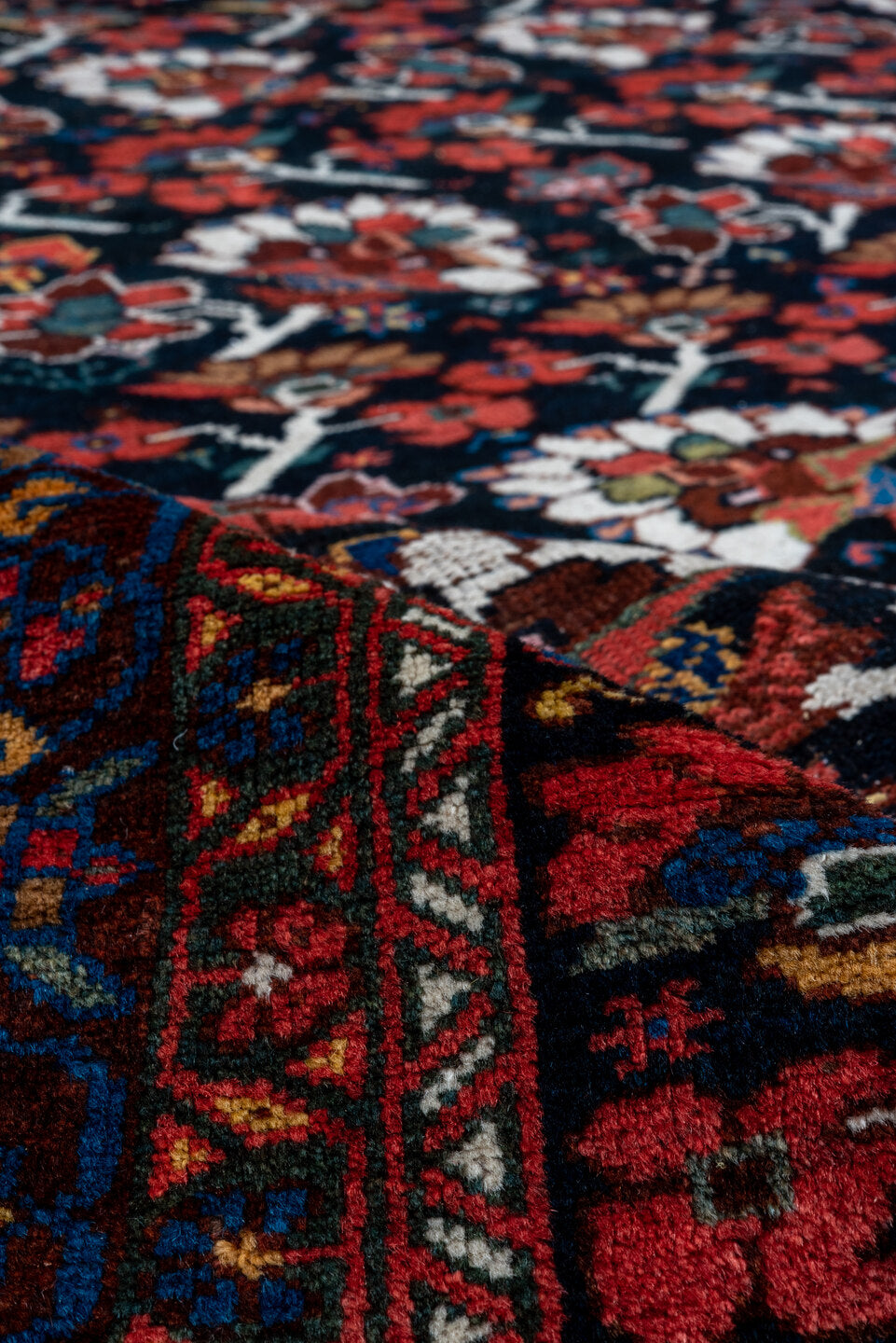 8' x 12' one-of-a-kind handmade antique Shiraz large size rug. Color palette: burgundy, ebony, crimson, ivory, indigo, rust