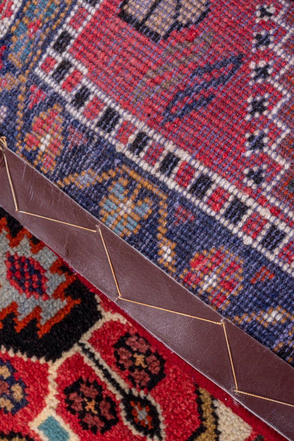 2' x 10' one-of-a-kind handmade vintage Veece runner rug. Color palette: ivory, navy, rust, rose, crimson, camel, charcoal