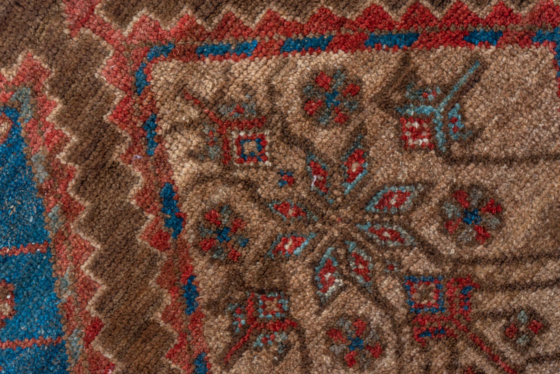 4' x 7' one-of-a-kind handmade vintage Malayer rug. Color palette: brown, rust, ivory, blue, red, camel, terracotta, beige