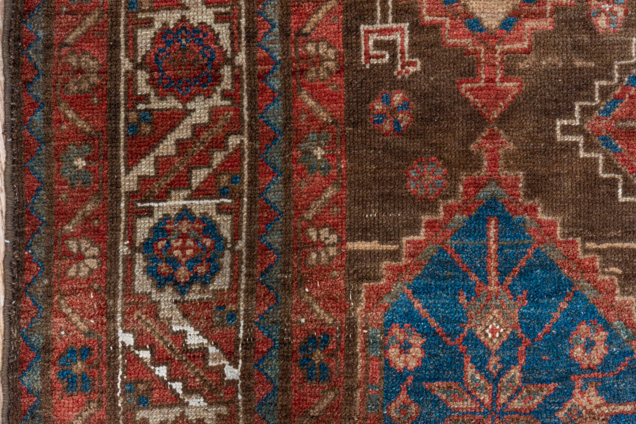 4' x 7' one-of-a-kind handmade vintage Malayer rug. Color palette: brown, rust, ivory, blue, red, camel, terracotta, beige