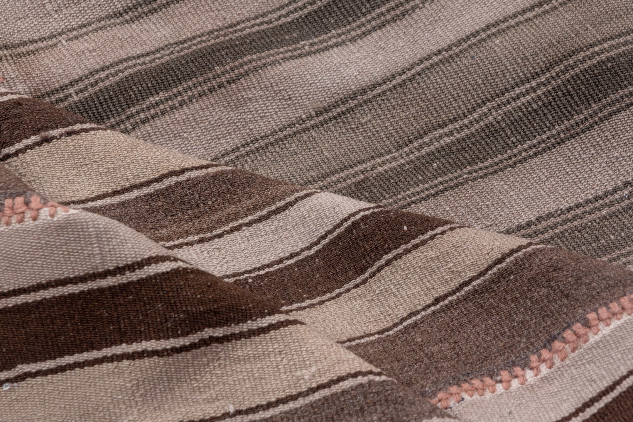 7' x 13' one-of-a-kind handmade antique Kilim large size rug. Color palette: taupe, brown, ivory, gray, charcoal, rose