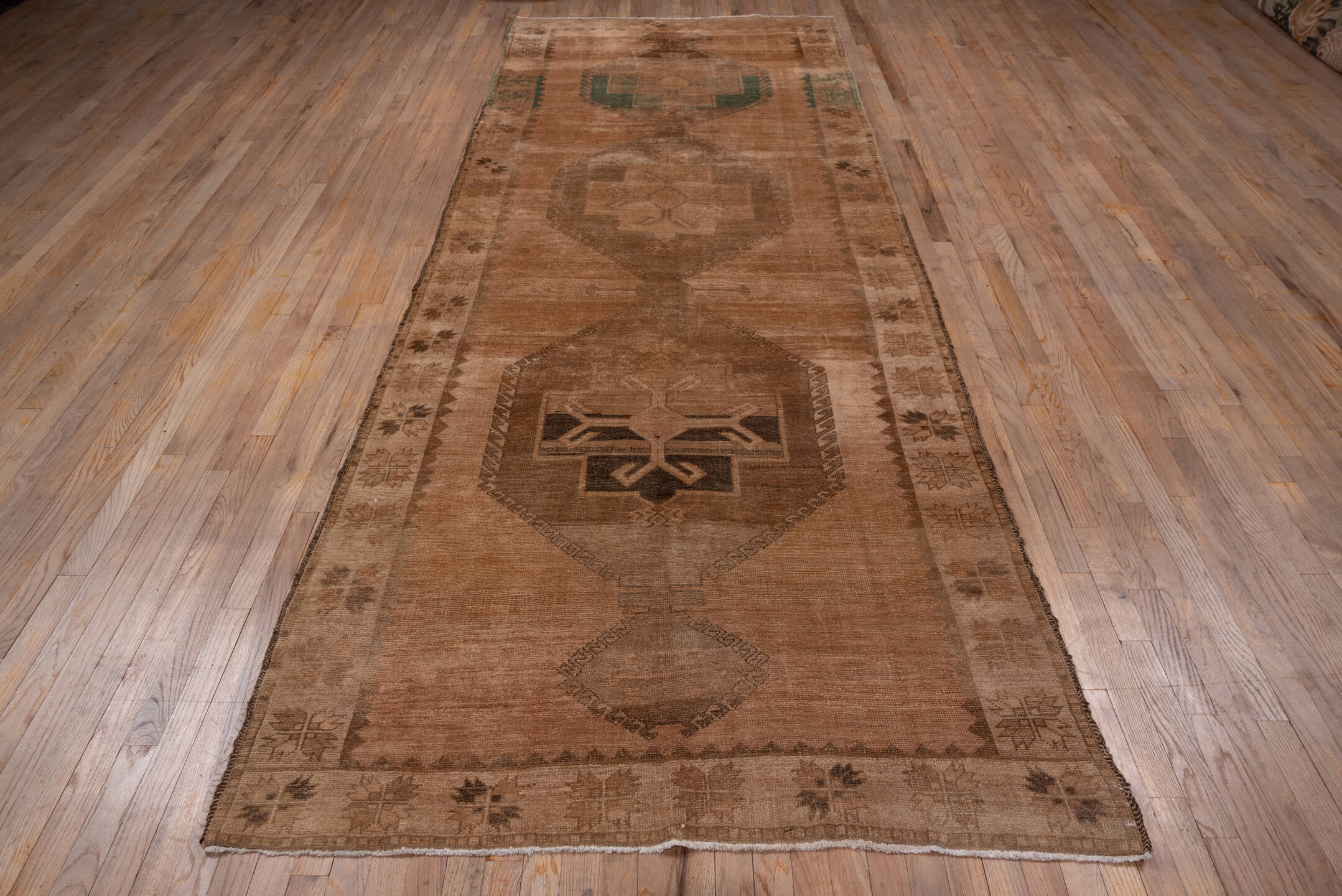 4' x 12' one-of-a-kind handmade vintage Oushak runner rug. Color palette: taupe, camel, brown, beige, teal, charcoal, gray