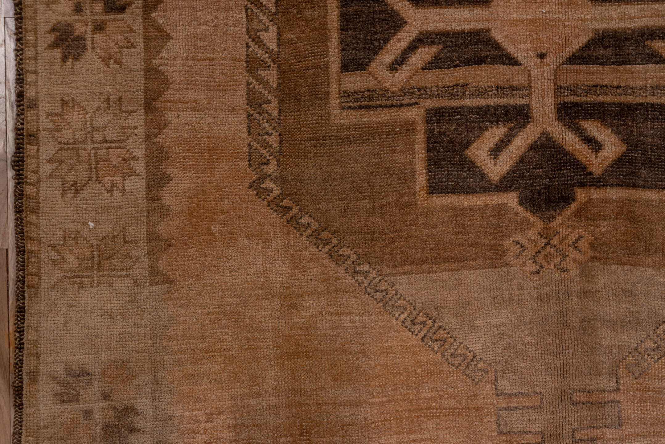 4' x 12' one-of-a-kind handmade vintage Oushak runner rug. Color palette: brown, gray, light gray, off-white, pink, snow