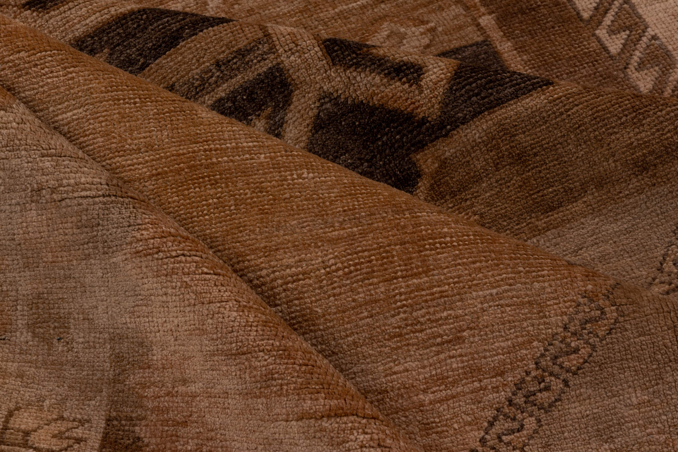 4' x 12' one-of-a-kind handmade vintage Oushak runner rug. Color palette: taupe, camel, brown, beige, teal, charcoal, gray