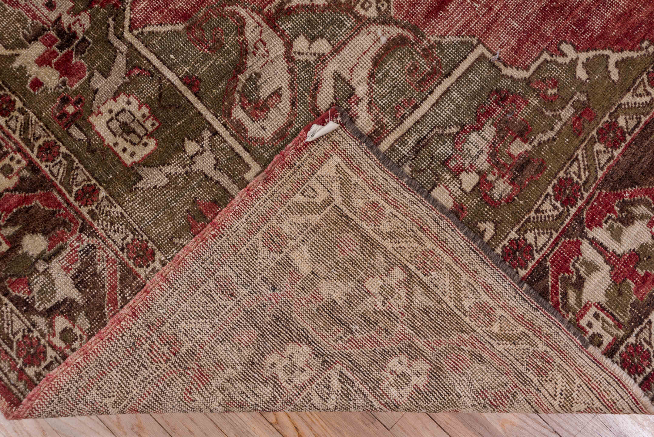 7' x 10' one-of-a-kind handmade vintage Oushak large size rug. Color palette: brown, pink, red, redwood