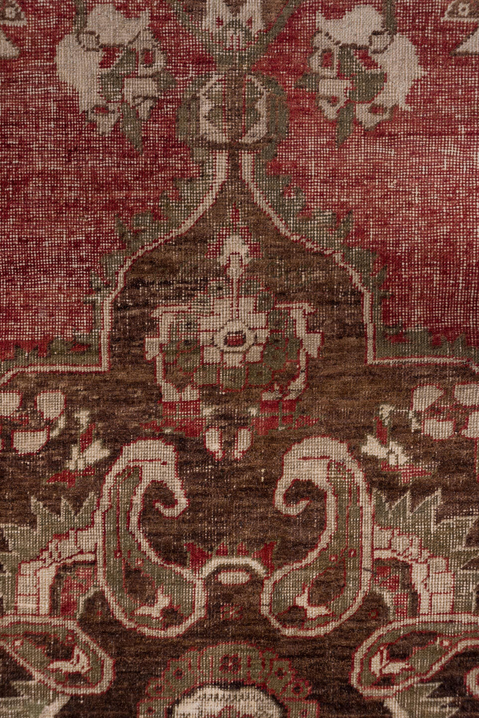7' x 10' one-of-a-kind handmade vintage Oushak large size rug. Color palette: red, olive, ivory, brown, taupe, charcoal