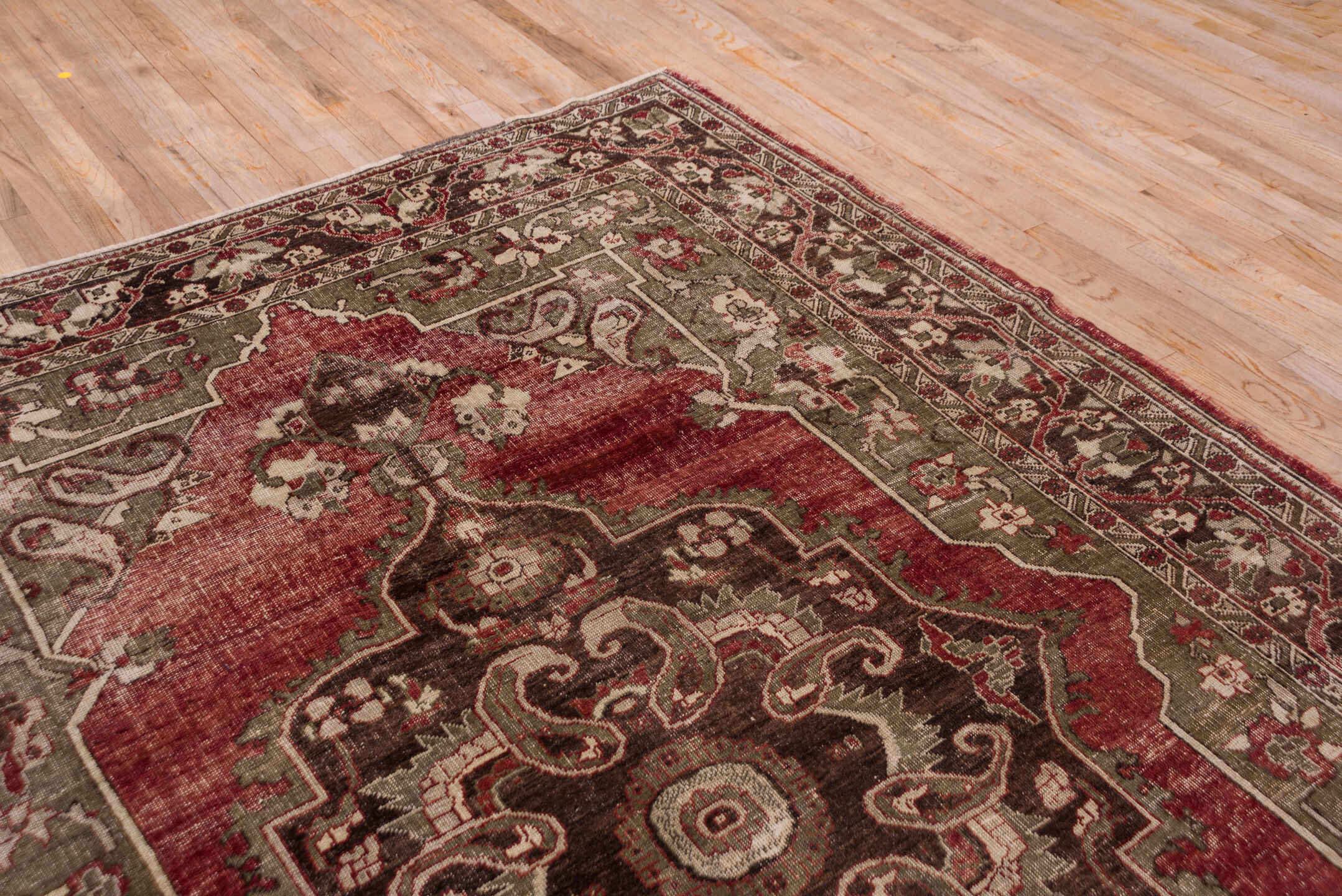 7' x 10' one-of-a-kind handmade vintage Oushak large size rug. Color palette: brown, pink, red, redwood